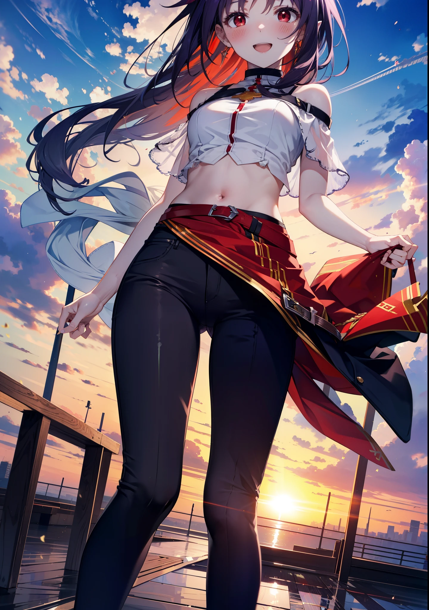 yuukikonno, Konno Yuuki, hair band, Long Hair, Pointed Ears, Purple Hair, (Red eyes:1.5), (Small breasts:1.2), Open your mouth,
blush,happy smile, smile, Open your mouth,Cold shoulder top,Short sleeve,skinny pants,Stiletto heels,morning,morning陽,The sun is rising,whole bodyがイラストに入るように,Walking,
break looking at viewer, whole body,
break outdoors, Building district,
break (masterpiece:1.2), highest quality, High resolution, unity 8k wallpaper, (figure:0.8), (Beautiful fine details:1.6), Highly detailed face, Perfect lighting, Highly detailed CG, (Perfect hands, Perfect Anatomy),