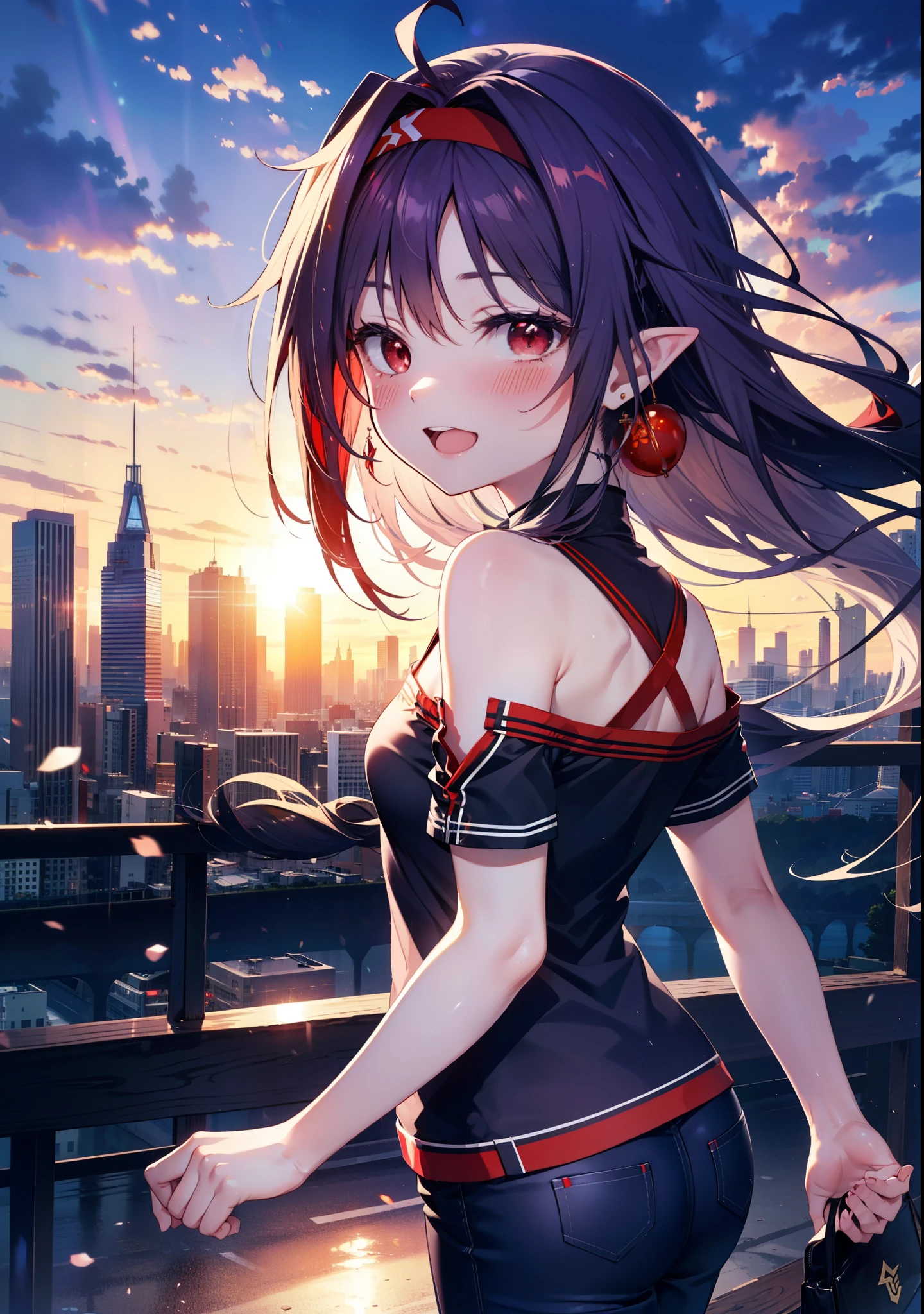 yuukikonno, Konno Yuuki, hair band, Long Hair, Pointed Ears, Purple Hair, (Red eyes:1.5), (Small breasts:1.2), Open your mouth,
blush,happy smile, smile, Open your mouth,Cold shoulder top,Short sleeve,skinny pants,Stiletto heels,morning,morning陽,The sun is rising,whole bodyがイラストに入るように,Walking,
break looking at viewer, whole body,
break outdoors, Building district,
break (masterpiece:1.2), highest quality, High resolution, unity 8k wallpaper, (figure:0.8), (Beautiful fine details:1.6), Highly detailed face, Perfect lighting, Highly detailed CG, (Perfect hands, Perfect Anatomy),