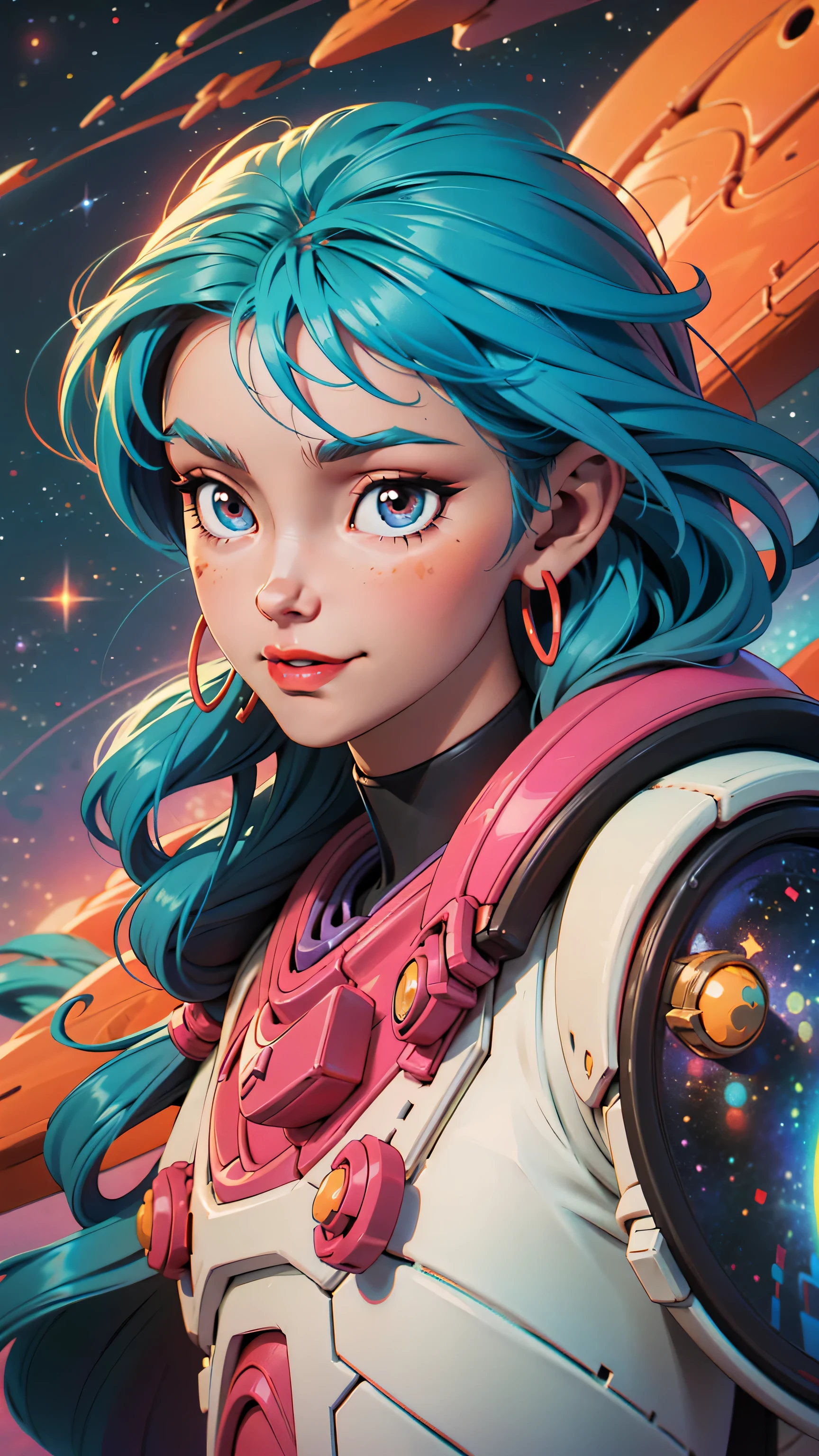 Cartoon-style image of a astronaut of Asian descent, blue hair, in a colorful space setting full of stars, planets and nebulae in the background. The should be smiling and fun with vibrant colors. The setting should convey a sense of adventure and discovery