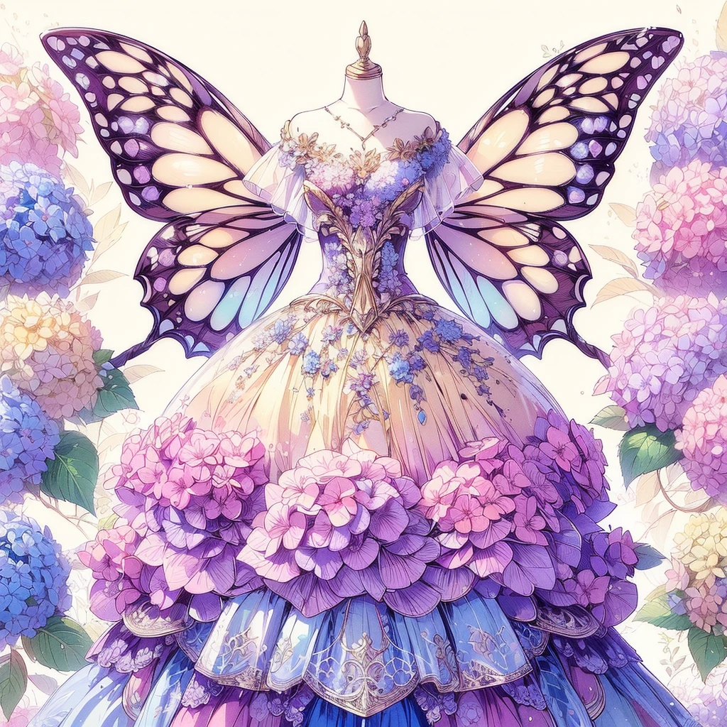 (An exquisite and beautiful highly detailed masterpiece, High quality and high resolution),(A two-dimensional illustration inspired by pixiv, featuring a neat, clear, and well-proportioned face drawn with thin lines, that went viral on Twitter,Cute and delicate beautiful girl illustration in pastel colors) ,A fairy in the shape of a hydrangea stands happily in a fantastical flower garden where hydrangeas are in full bloom under the starry sky.,whole body,Beautiful hydrangea with fluttering petals,(Transparent fairy wings grow from your back), (Beautiful small tiara, earrings and choker),Hydrangea-inspired ball gown dress, Lace and frills inspired by hydrangeas, (Her cheeks are a pale pink, Plump pink lips, And a large bust, She became a fair-skinned girl with a good figure..),Colored pencil art,Vibrant and eye-catching colors,Dynamic Angle