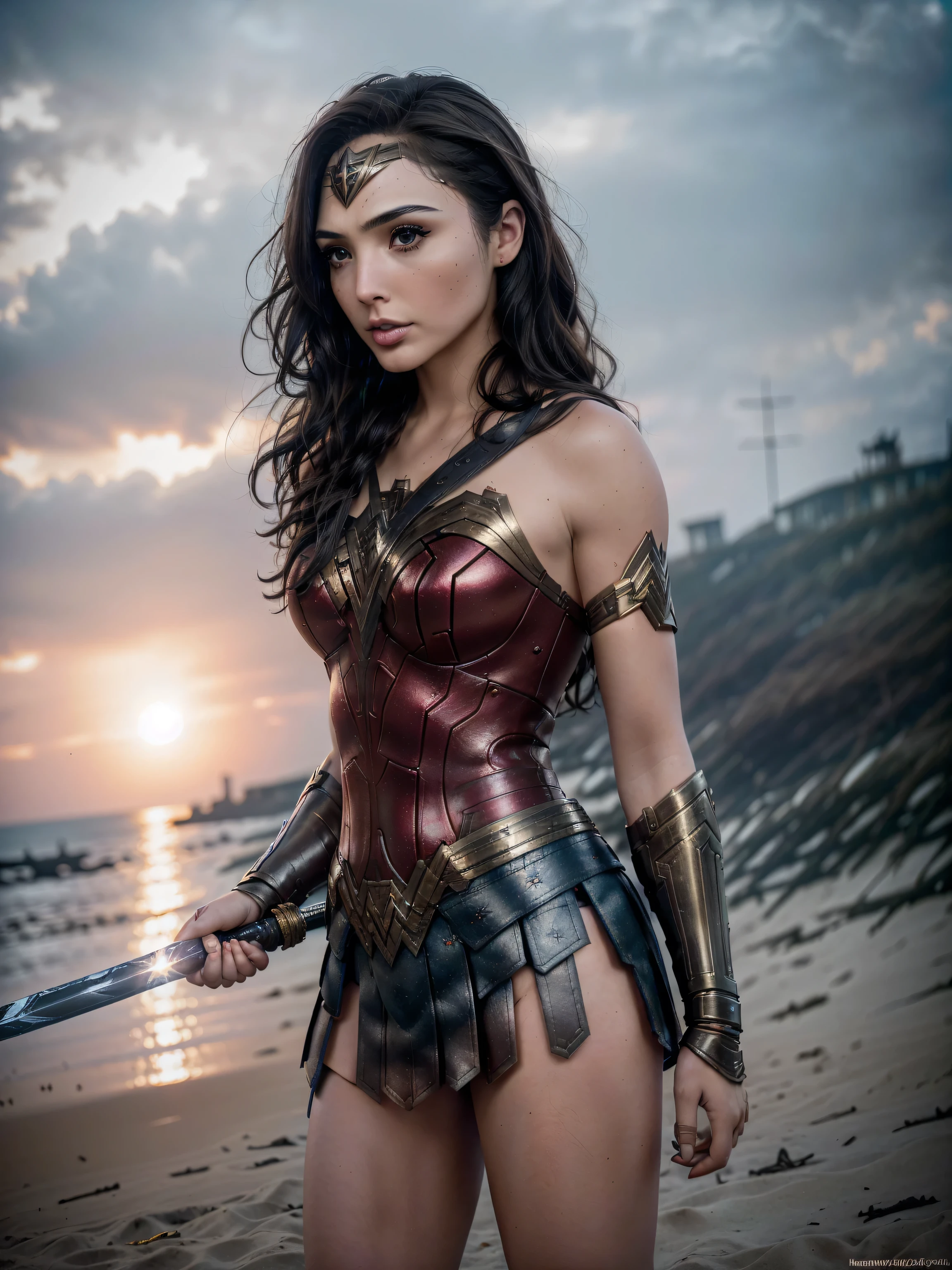 photorealistic Realism 8K, 16K, Quality: (Hyper absurd quality, extremely detailed detail, hyper resolution, clear sharp focus, not blurry, Realistic brown_eyes), ((perfect dark_eyeshadows:1.45)), (super Detailed, beautiful little nose:1.2), (perfect composition), Gal Gadot as (Wonder Woman cosplay), incredibly similar to the original outfit from the WW movie, dynamic stance, face focused on the target in the distance, ready to fight, beautiful cheekbones, double eyelids, dslr, best high quality soft lighting, sharp focus captured by Fujifilm XT3, f 5.6, in a dramatic lighting, ((perfect composition)), ((pale skin)), ((dry skin)), ((clear and detailed scene from the open battlefield of World War II fighting on the beach in NORMANDY, ((scene of death, many killed in battle, explosion, big explosion in the background, darkness, flashes in the sky))), ultra absurd details quality:1.3), (((she holds a long one-handed sword and a round Captain America shield:1.4))), (((luxury leather Wonder Woman Cosplay:1.4), ultra absurd details quality), (with Red pleated mini skirt:1.25))