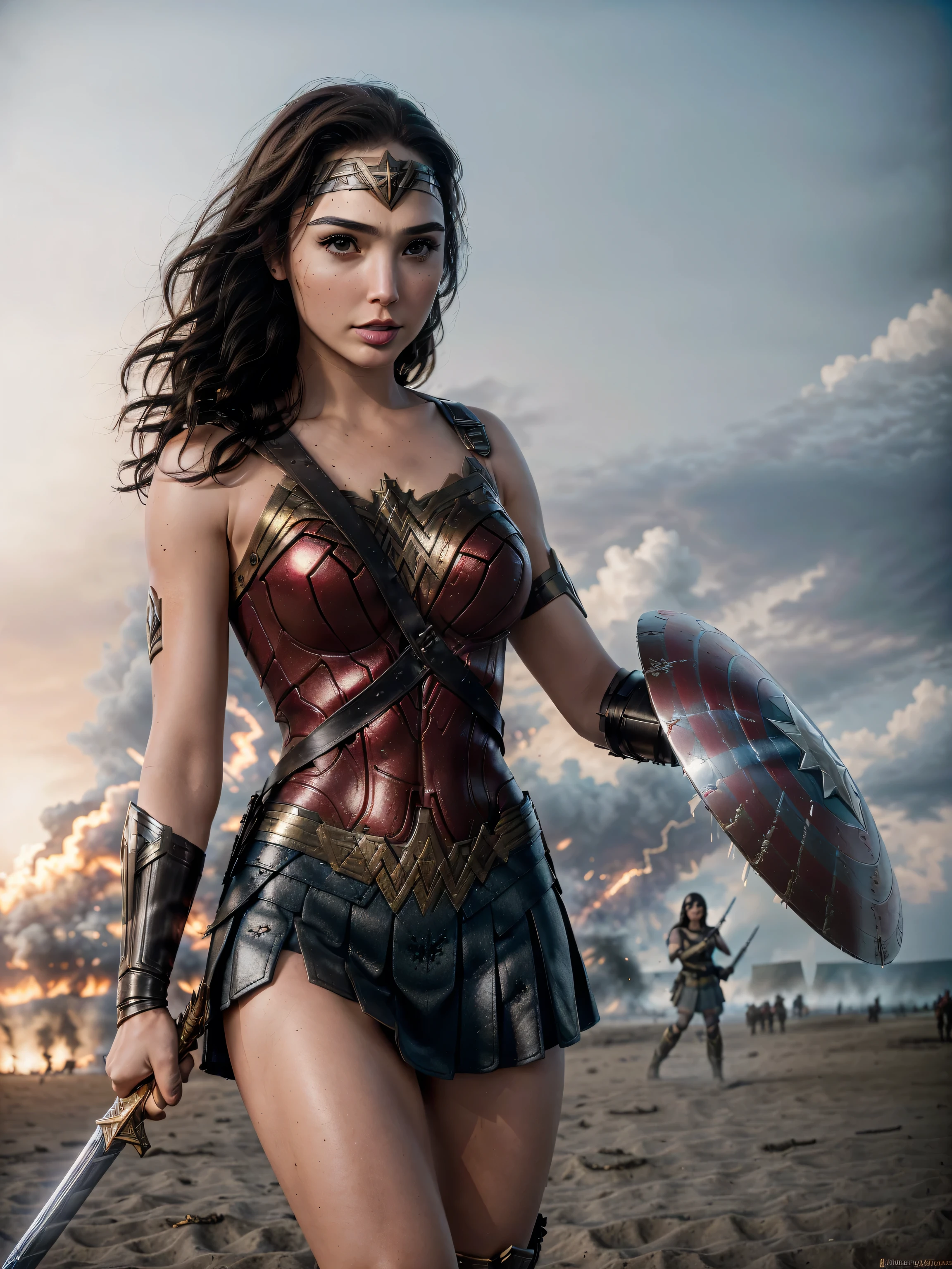 photorealistic Realism 8K, 16K, Quality: (Hyper absurd quality, extremely detailed detail, hyper resolution, clear sharp focus, not blurry, Realistic brown_eyes), ((perfect dark_eyeshadows:1.45)), (super Detailed, beautiful little nose:1.2), (perfect composition), Gal Gadot as (Wonder Woman cosplay), incredibly similar to the original outfit from the WW movie, dynamic stance, face focused on the target in the distance, ready to fight, beautiful cheekbones, double eyelids, dslr, best high quality soft lighting, sharp focus captured by Fujifilm XT3, f 5.6, in a dramatic lighting, ((perfect composition)), ((pale skin)), ((dry skin)), ((clear and detailed scene from the open battlefield of World War II fighting on the beach in NORMANDY, ((scene of death, many killed in battle, explosion, big explosion in the background, darkness, flashes in the sky))), ultra absurd details quality:1.3), (((she holds a long one-handed sword and a round Captain America shield:1.4))), (((luxury leather Wonder Woman Cosplay:1.4), ultra absurd details quality), (with Red pleated mini skirt:1.25))