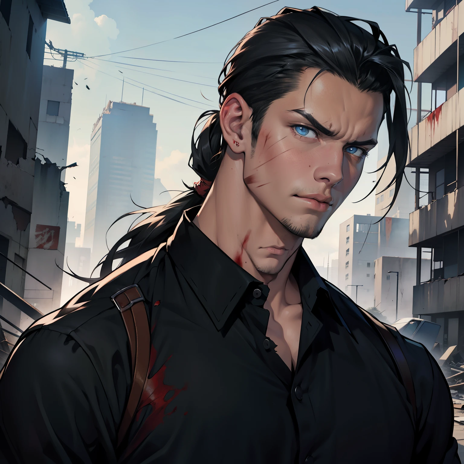 Realistic Anime style, Handsome boy, cool boy, serious face, torn Black shirt, Slicked Back hairstyle, Several blood wounds on his face, Background of destroyed buildings, low long ponytail, blue eyes