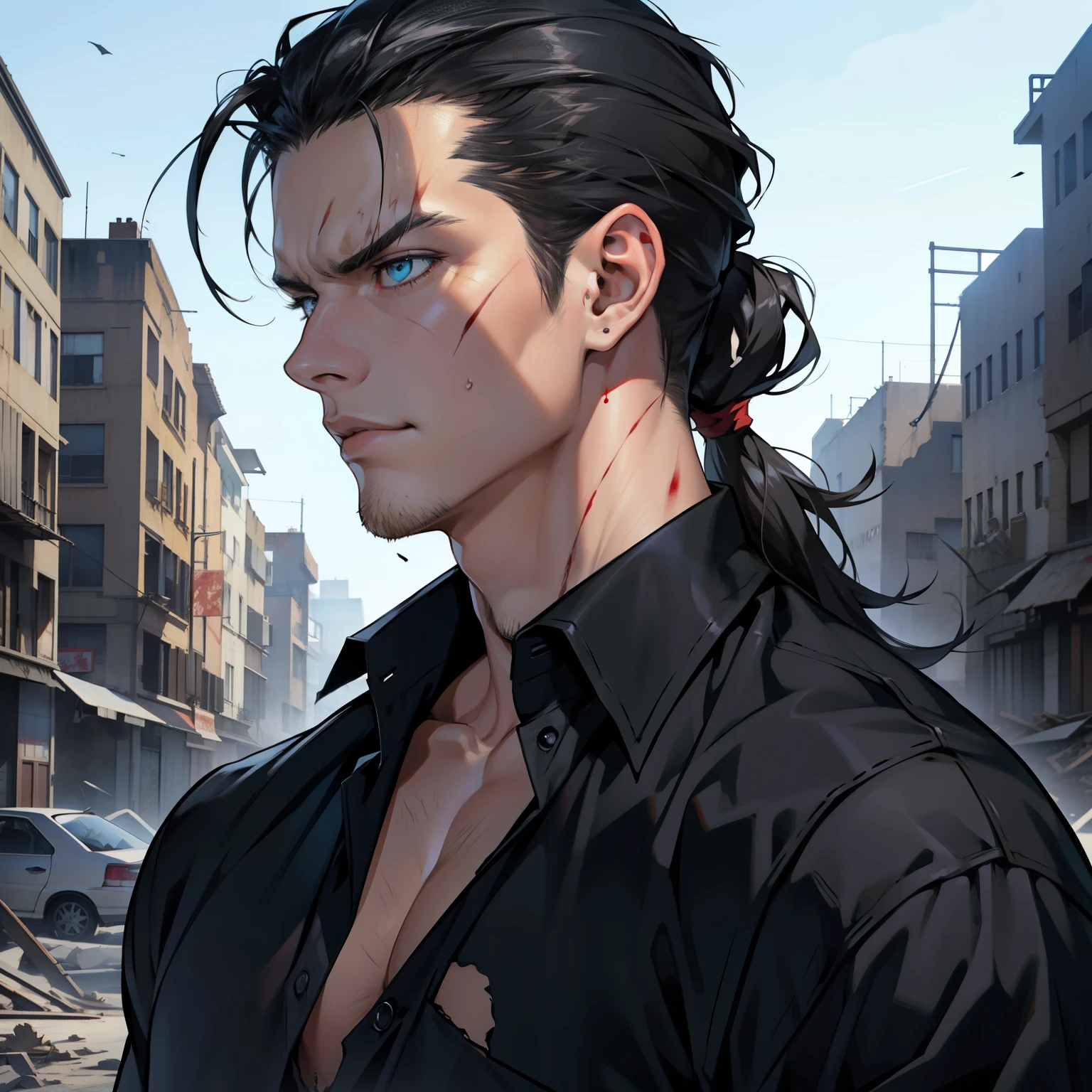 Realistic Anime style, Handsome boy, cool boy, serious face, torn Black shirt, Slicked Back hairstyle, Several blood wounds on his face, Background of destroyed buildings, low long ponytail, blue eyes