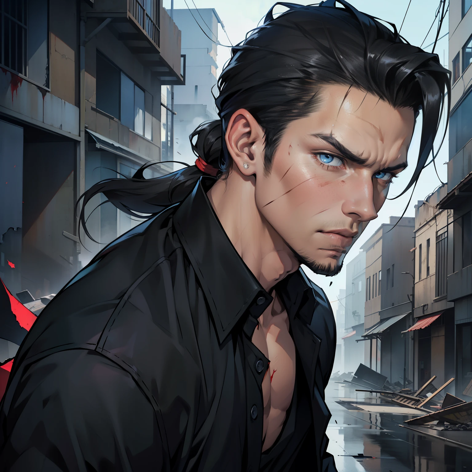 Realistic Anime style, Handsome boy, cool boy, serious face, torn Black shirt, Slicked Back hairstyle, Several blood wounds on his face, Background of destroyed buildings, low long ponytail, blue eyes