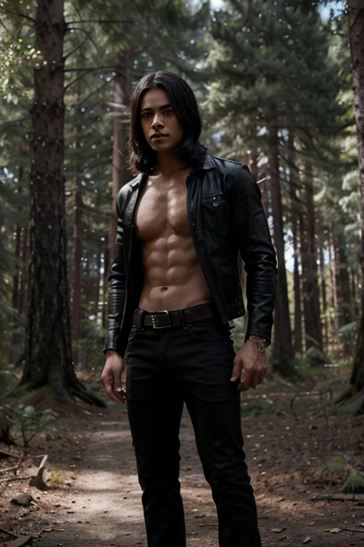 Chai Romruen, Zac Blakely, Wolf, 18 years, cabello negro corto y desordenado, slim muscular build ,ojos marrones, camisa negra sin mangas con cuello negro, leather belt, jeans negro oscuro, colgante de luna plateada, jeans negros, fondo de bosque brumoso negro.