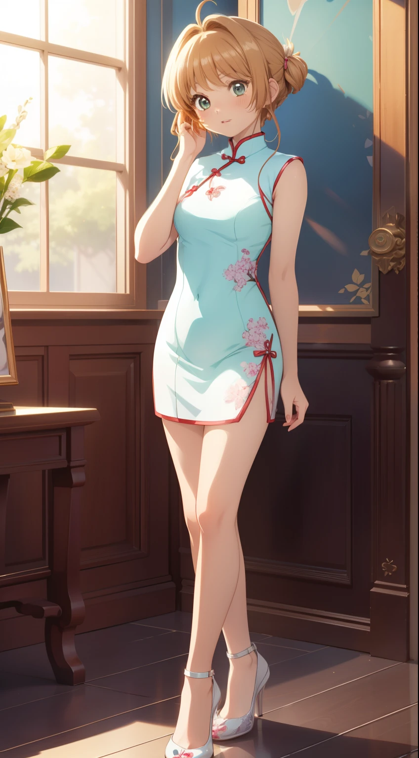 masterpiece, best quality, highres, perfect pixel, depth of field, 1girl, single, solo, beautiful anime girl, beautiful artstyle, (detailed face), (blush), anime CG style, (medium breasts), good lighting, perfect body, lips parted, (sakura kinomoto), glossy lips, (sleeveless cheongsam), (high heels)