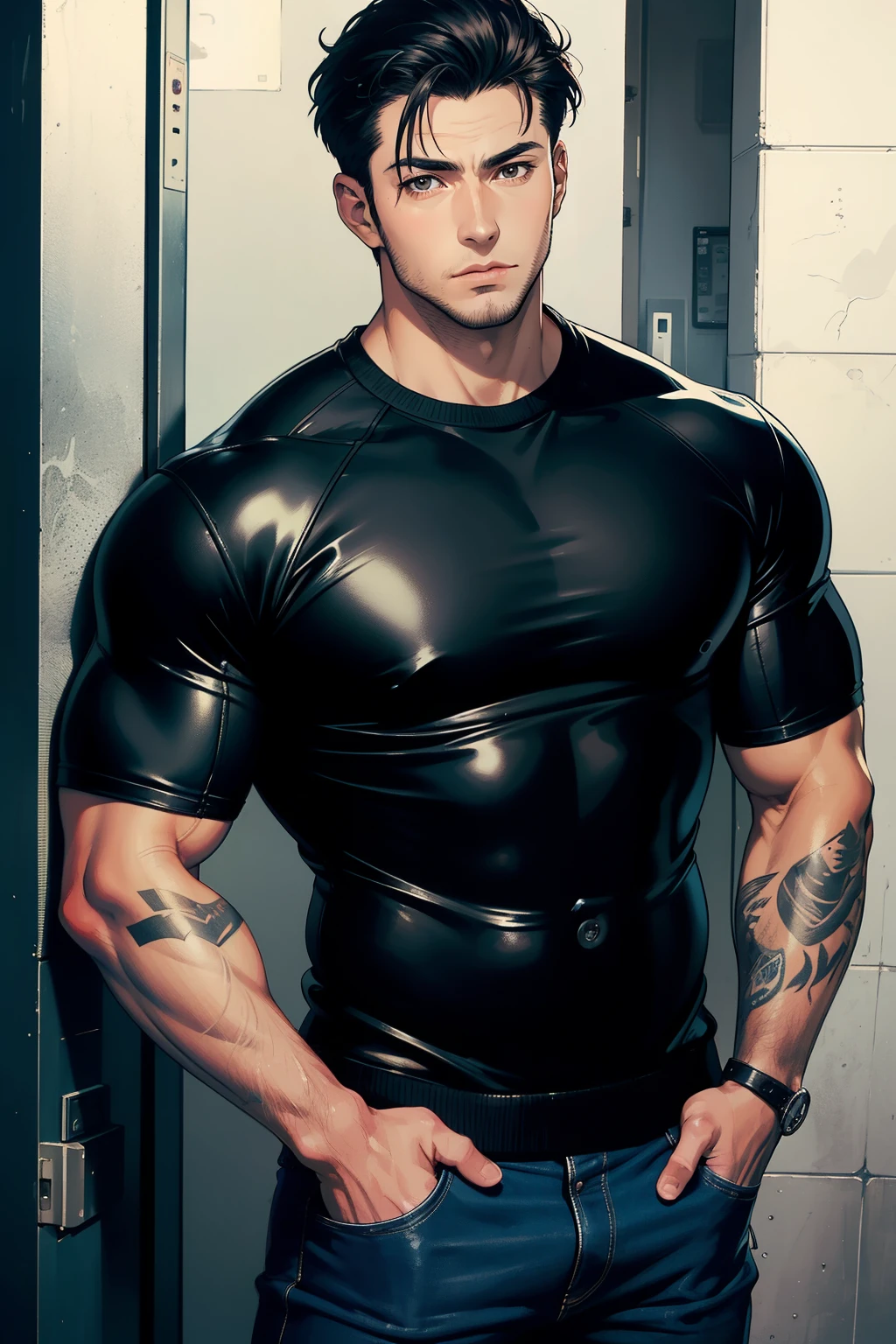 ((best quality)), ((masterpiece)), (detailed), 90s anime style, handsome man, Japanese, sexy clothes, muscular, anime boy, tatto, 1 male, adult, handsome, tall muscular guy, broad shoulders, finely detailed eyes and detailed face, extremely detailed CG unitymasterpiece, leather jumper, black leather