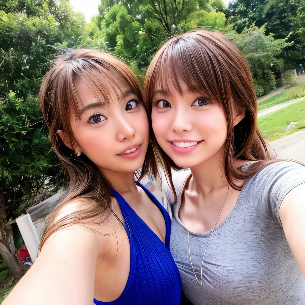 Identical twin sisters、22 years old、Exactly the same face、Exactly the same body type、Exactly the same hairstyle、Instagram model from another dimension, by 2 person, Imaginative, Metaphysical, Whimsical, Anaglyph Style, 1 Japan, Cute Face, 18-year-old,