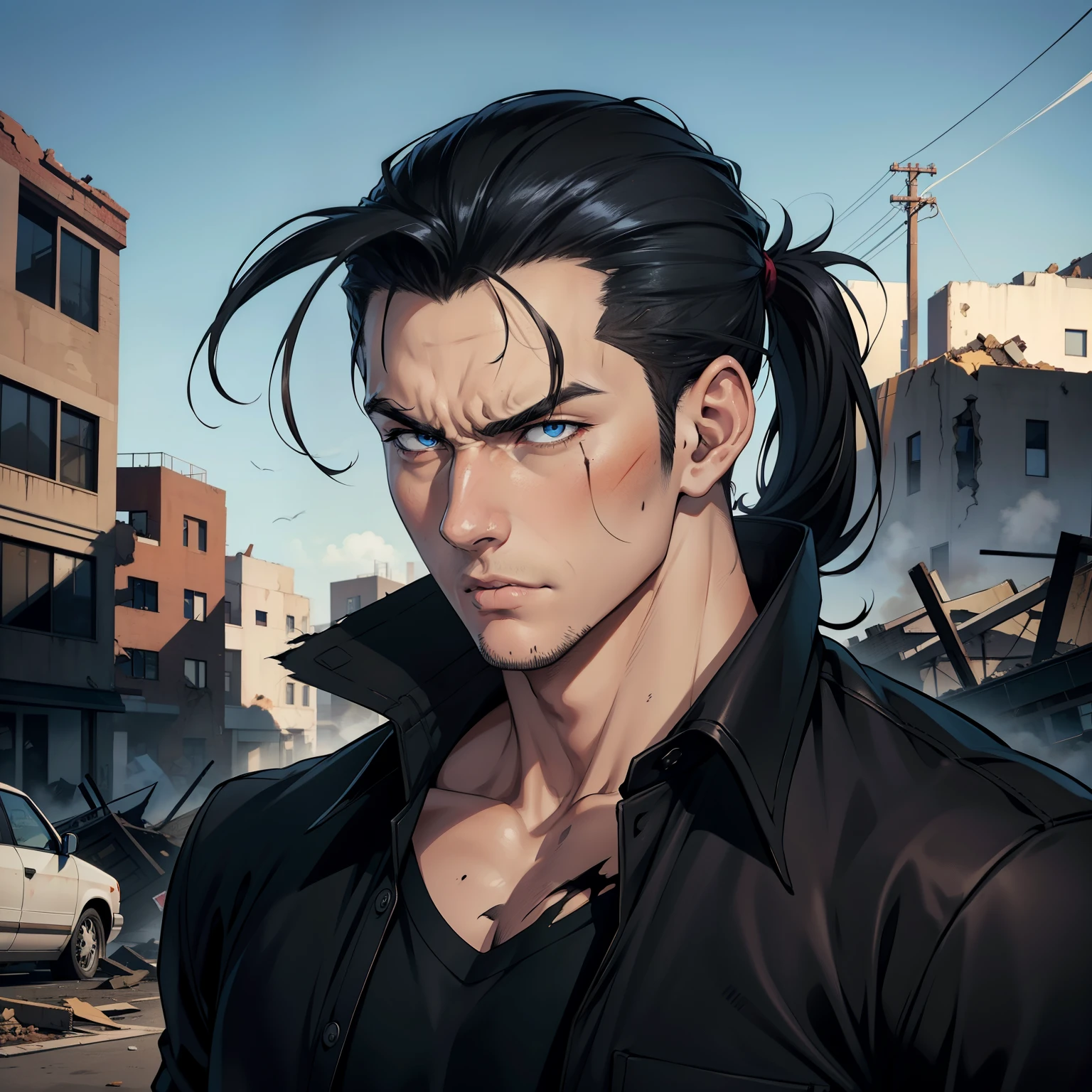 Realistic Anime style, Handsome boy, cool boy, serious face, torn Black shirt, Slicked Back hairstyle, Several blood wounds on his face, Background of destroyed buildings, low long ponytail, blue eyes