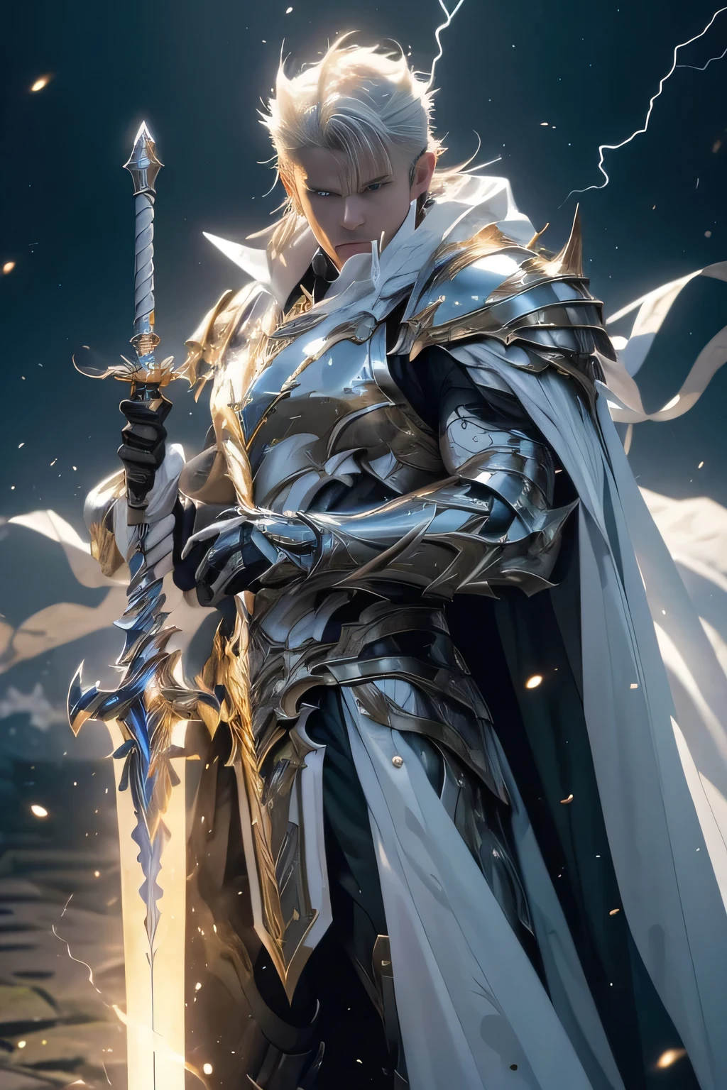 (master piece:1.5), (best quality:1.5), (exquisite lighting and shadow, highly dramatic picture, cinematic lens effect) (Photorealistic picture) highly detailed, realistic, cinematic lighting, studio quality, 8k, wallpaper, dynamic pose, anatomy correct, epic fantasy digital art, Epic composition, full body short black hair pale Male paladin wearing a white leather armor under a shiny white intricate elaborated plate chest armor with gold lightnings accents, long white cape with gold lightnings ornaments, holding a great white lightning sword, white lightning, white storm background, lightnings