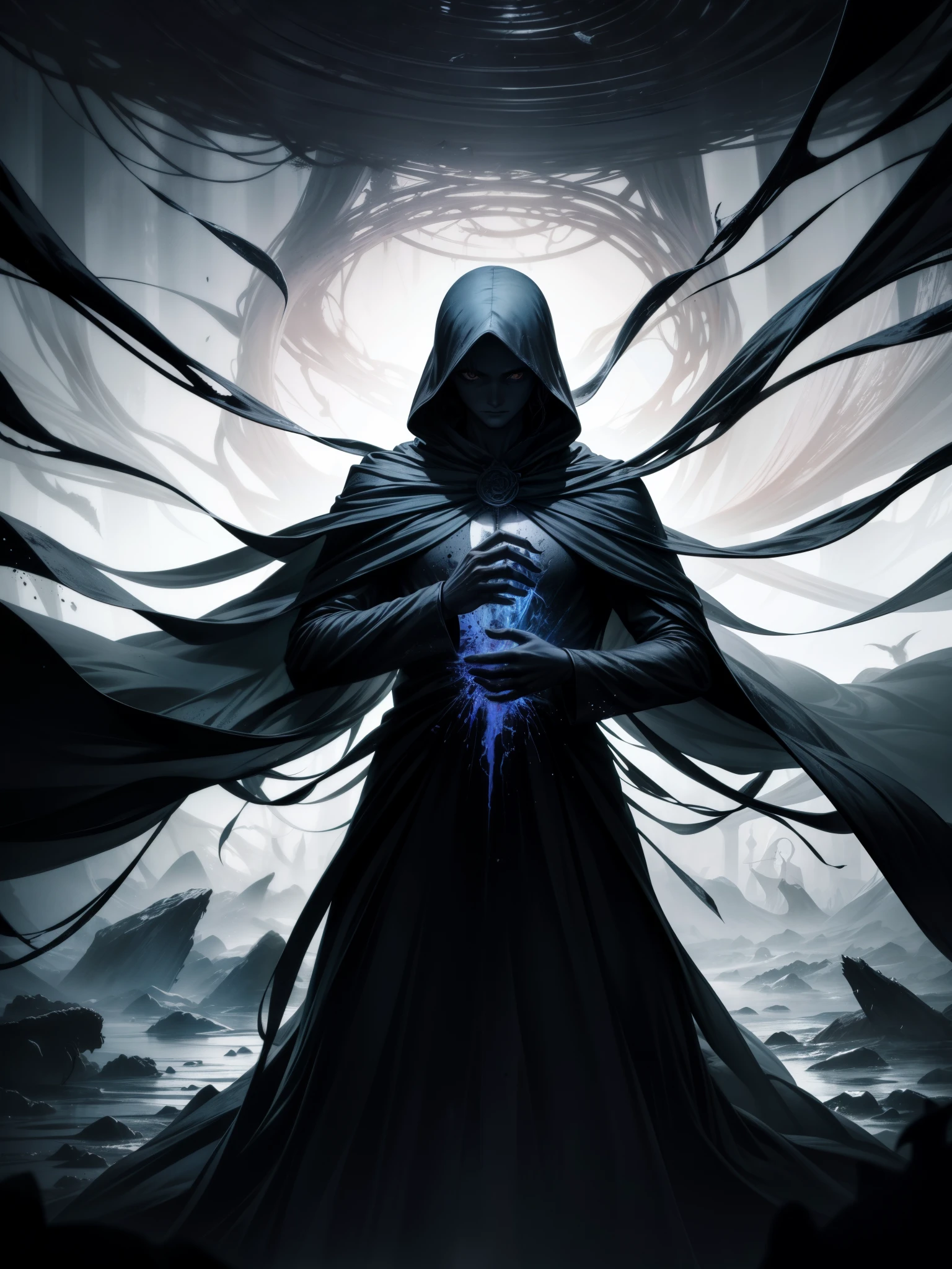 horror film style the image portrays a dark and enigmatic figure, clad in a long cloak that obscures their identity. the figure is situated within a circular motif composed of splattered black ink, reminiscent of an ethereal halo or aura surrounding them. this motif encircles the figure, further emphasizing its significance. the backdrop consists of yellowish splatters, which contrast with the darker tones of the figure and the black motif. these splatters are scattered across the canvas, creating a sense of chaos and unpredictability. overall, this artwork exudes a mysterious and dramatic atmosphere, leaving viewers to speculate about the identity and intentions of the cloaked figure at its center. . suspenseful music, dark visuals, supernatural events, jump scares
photography. Natural geographic photo. trending on artlist, Hyper-realistic, 16k resolution, intricate details.
(masterpiece, award winning artwork)
many details, extreme detailed, full of details,
Wide range of colors, high Dynamic
OverallDetailXL
ElementsMix, fire, water, wind, earth