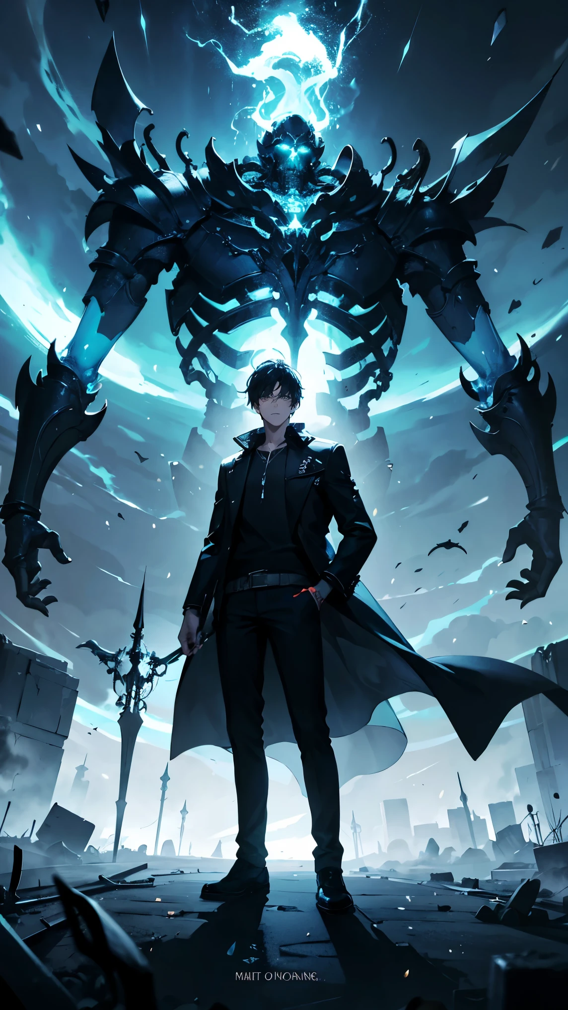 a young man in his twenties, cool pose, holding cyan spell in left hands, a lot of cyan sparks around him, ((army of skeletons)), destroyed city, detailed character, intricate details, 2d digital art, cinematic lighting, moody atmosphere, dark fantasy, high contrast, vibrant colors, 4k ,8k, masterpiece; Night Sky; Focus on details; Masterpiece; Fullbody; perfect face; bright eye;