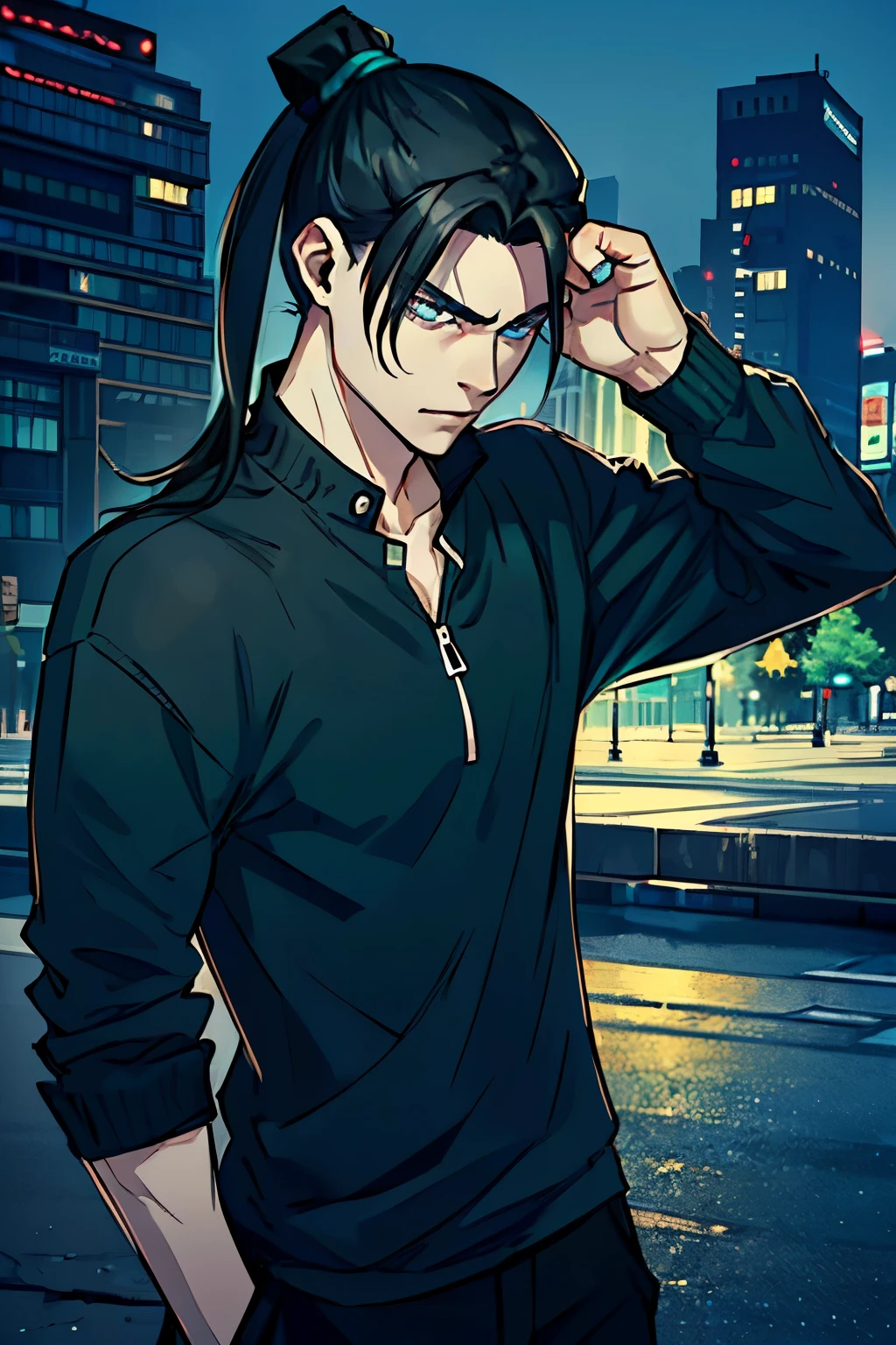 Handsome (((young man)), (((male))), intelligent, blue eyes, emerald eyes, black hair, straight hair, long hair, dark hair bound up in a ponytail, (((ponytail))), pale skin, serious expression, urban casual clothes, going through breakup, Stern fase, action pose