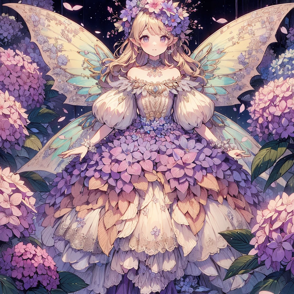 (An exquisite and beautiful highly detailed masterpiece, High quality and high resolution),(A two-dimensional illustration inspired by pixiv, featuring a neat, clear, and well-proportioned face drawn with thin lines, that went viral on Twitter,Cute and delicate beautiful girl illustration in pastel colors) ,A fairy in the shape of a hydrangea stands happily in a fantastical flower garden where hydrangeas are in full bloom under the starry sky.,whole body,Beautiful hydrangea with fluttering petals,(Transparent fairy wings grow from your back), (Beautiful small tiara, earrings and choker),Hydrangea-inspired ball gown dress, Lace and frills inspired by hydrangeas, (Her cheeks are a pale pink, Plump pink lips, And a large bust, She became a fair-skinned girl with a good figure..),Colored pencil art,Vibrant and eye-catching colors,Dynamic Angle