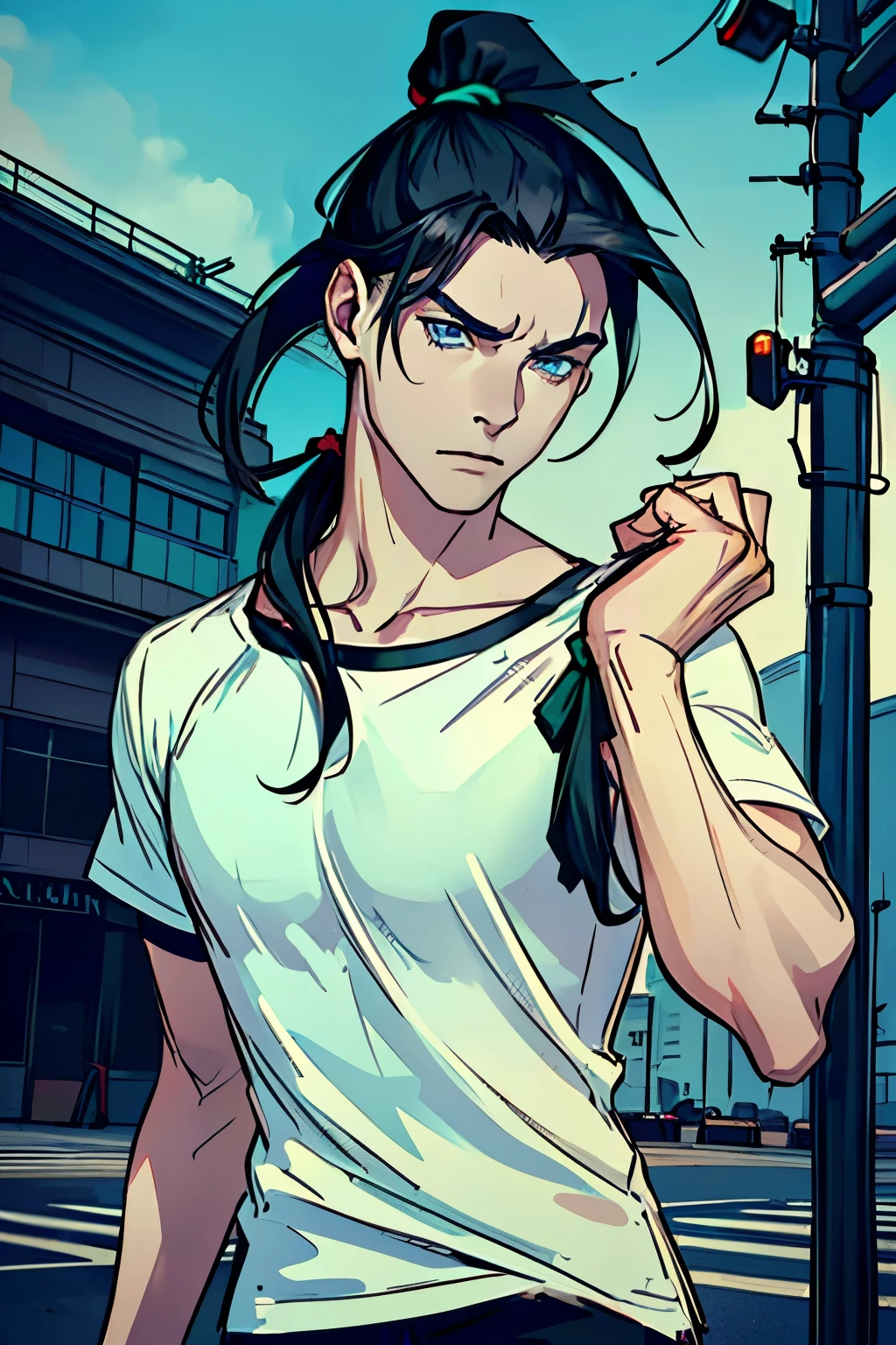 Handsome (((young man)), (((male))), intelligent, blue eyes, emerald eyes, black hair, straight hair, long hair, dark hair bound up in a ponytail, (((ponytail))), pale skin, serious expression, urban casual clothes, going through breakup, Stern fase, action pose