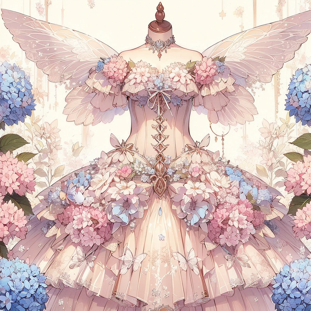 (An exquisite and beautiful highly detailed masterpiece, High quality and high resolution),(A two-dimensional illustration inspired by pixiv, featuring a neat, clear, and well-proportioned face drawn with thin lines, that went viral on Twitter,Cute and delicate beautiful girl illustration in pastel colors) ,A fairy in the shape of a hydrangea stands happily in a fantastical flower garden where hydrangeas are in full bloom under the starry sky.,whole body,Beautiful hydrangea with fluttering petals,(Transparent fairy wings grow from your back), (Beautiful small tiara, earrings and choker),Hydrangea-inspired ball gown dress, Lace and frills inspired by hydrangeas, (Her cheeks are a pale pink, Plump pink lips, And a large bust, She became a fair-skinned girl with a good figure..),Colored pencil art,Vibrant and eye-catching colors,Dynamic Angle