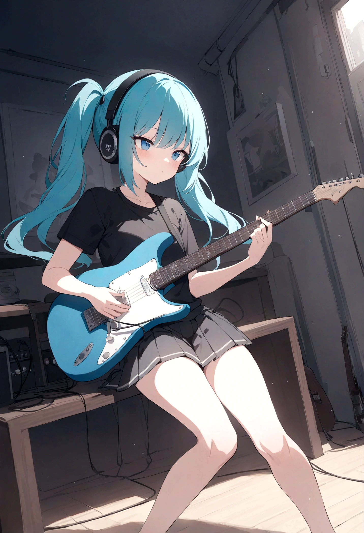 ((masterpiece, highest quality))One girl, alone, Black Dress, blue eyes, electric guitar, guitar, Headphones, Double Ponytail, Holding, Holding plectrum, musical instrument, Long Hair, music, One side up, Turquoise Hair, Twin tails, guitarを弾く, Pleated skirt, Black Shirt, interior