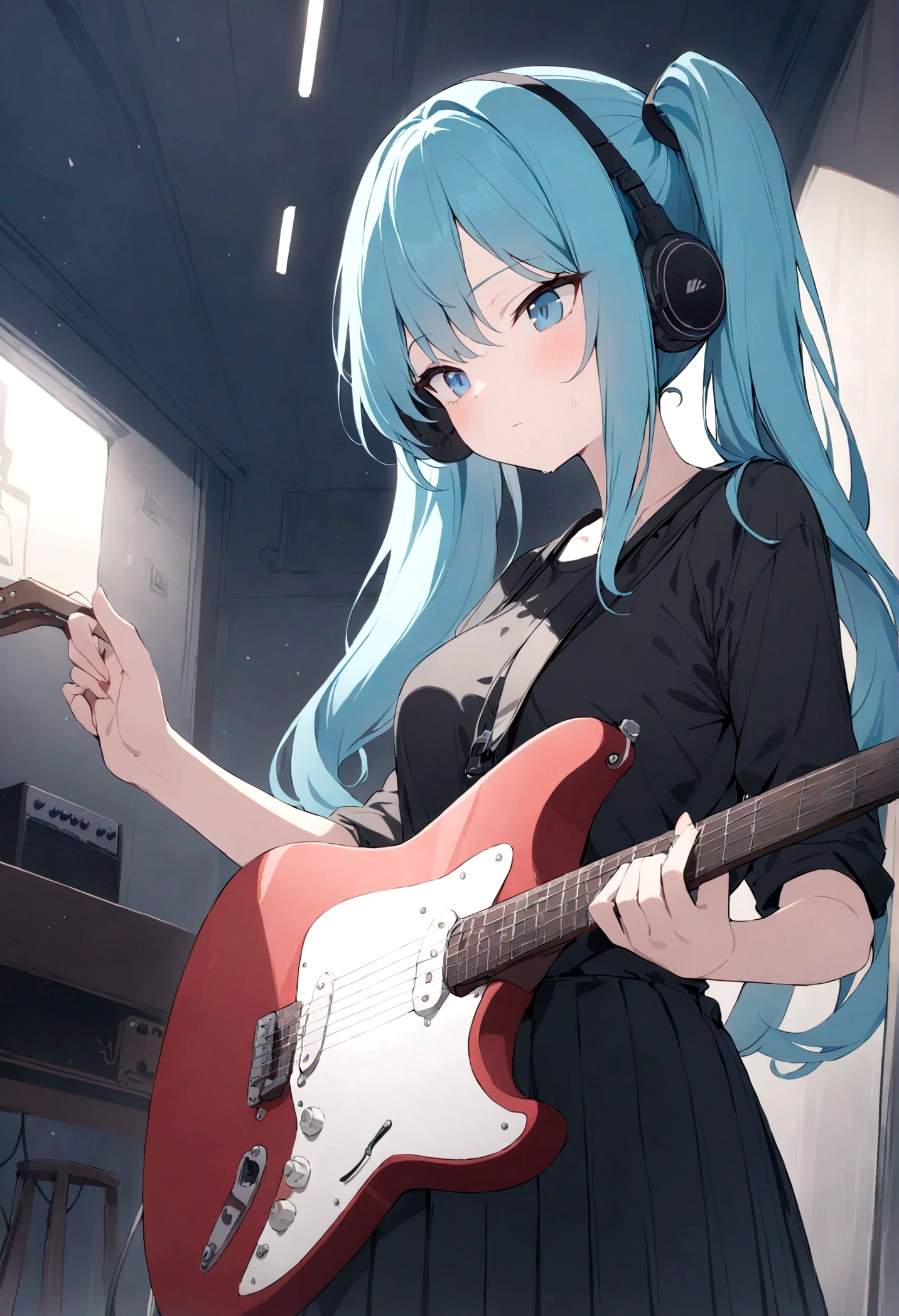 ((masterpiece, highest quality))One girl, alone, Black Dress, blue eyes, electric guitar, guitar, Headphones, Double Ponytail, Holding, Holding plectrum, musical instrument, Long Hair, music, One side up, Turquoise Hair, Twin tails, guitarを弾く, Pleated skirt, Black Shirt, interior