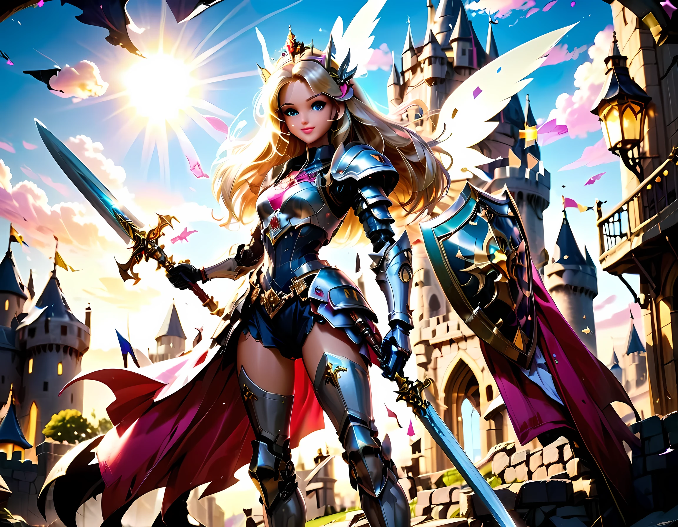16k, ultra detailed, masterpiece, best quality, (extremely detailed), arafed, dnd art, panoramic view, full body, ((Barbie: 1.5)) knight standing on the all of the castle as the sun rises, she is holding sword and shield, you see only the silhouette of knight, intense eyes, ultra feminine, ultra detailed face, (Masterpiece, intense details:1.5), (anatomically correct: 1.5), determined face, sky are switching day and night, the sun is rising, suns, some stars, rays of dawn, fantasy castle background, Wide-Angle, Ultra-Wide Angle, 16k, highres, best quality, Sword and shield, mecha