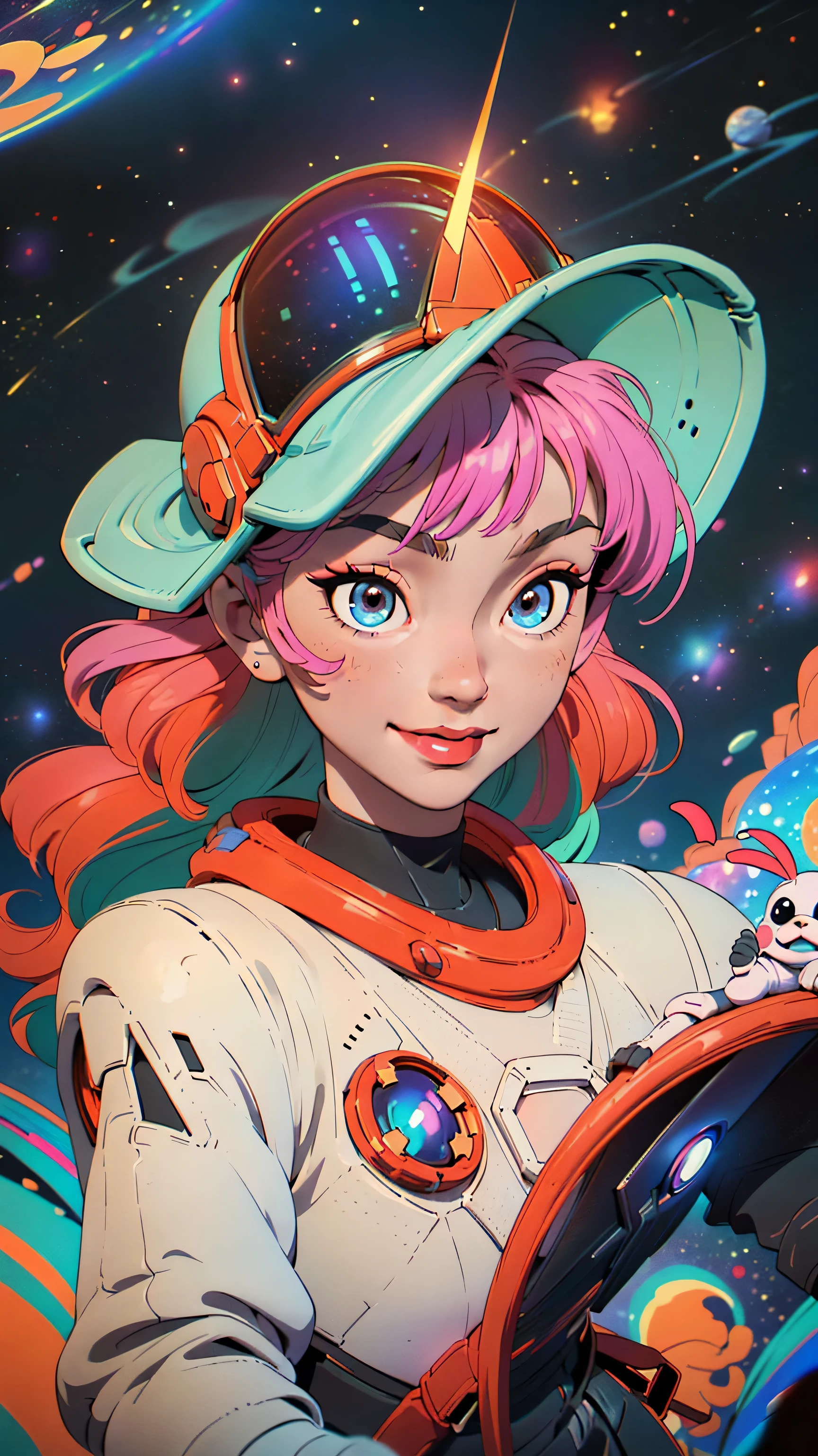 (((cartoon-style image of a astronaut of Asian descent)(wearing a large, futuristic helmet))((playing with an alien pet in a colorful, star-filled space setting) (planets and nebulae in the background) ) ((The must be smiling and the alien must have a friendly and fun appearance) (vibrant colors)) (scenario must convey a sense of adventure and discovery))