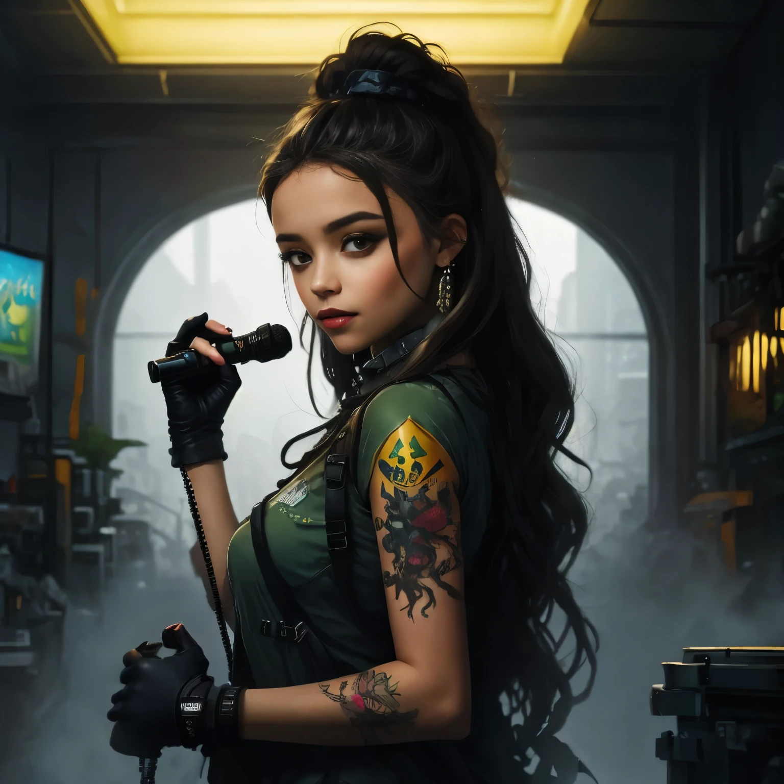 (((Nachtzeit))), (((dark tones))), (((schwarzer Filter))), (dark outside), ToxicPunkAI, Illustration von Jenna Ortega, markanten Figur im Stil von Luis Royo, ((gothik Rahmen):1.6), strahlt Selbstvertrauen und Belastbarkeit aus, complicated tattoo for the whole arm, (tetradische Farbkombination), 32k resolution, Best quality, Blick in die Kamera, White light. (((wenig bekleidet))),