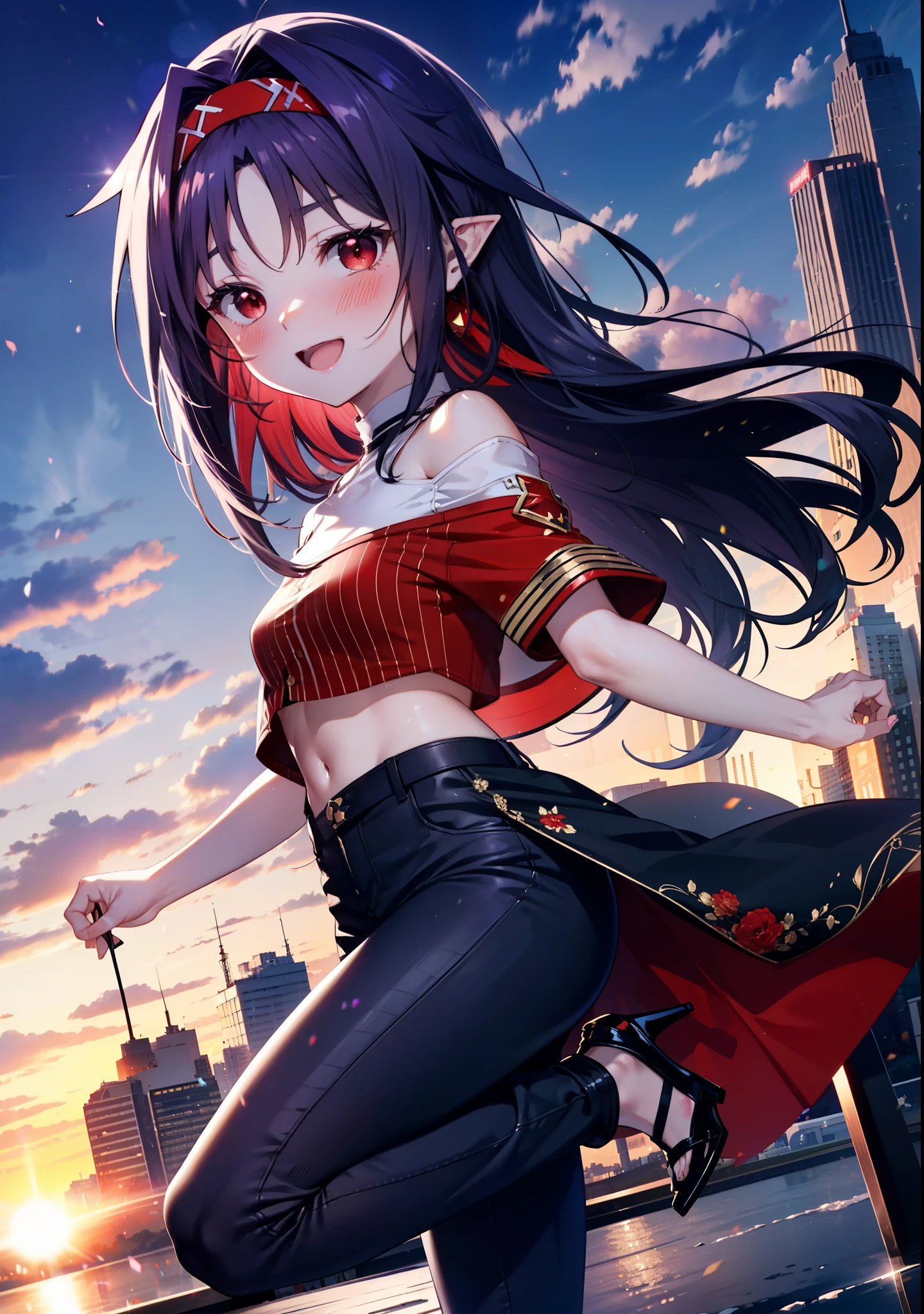 yuukikonno, Konno Yuuki, hair band, Long Hair, Pointed Ears, Purple Hair, (Red eyes:1.5), (Small breasts:1.2), Open your mouth,
blush,happy smile, smile, Open your mouth,Cold shoulder top,Short sleeve,skinny pants,Stiletto heels,morning,morning陽,The sun is rising,whole bodyがイラストに入るように,Walking,
break looking at viewer, whole body,
break outdoors, Building district,
break (masterpiece:1.2), highest quality, High resolution, unity 8k wallpaper, (figure:0.8), (Beautiful fine details:1.6), Highly detailed face, Perfect lighting, Highly detailed CG, (Perfect hands, Perfect ???????),