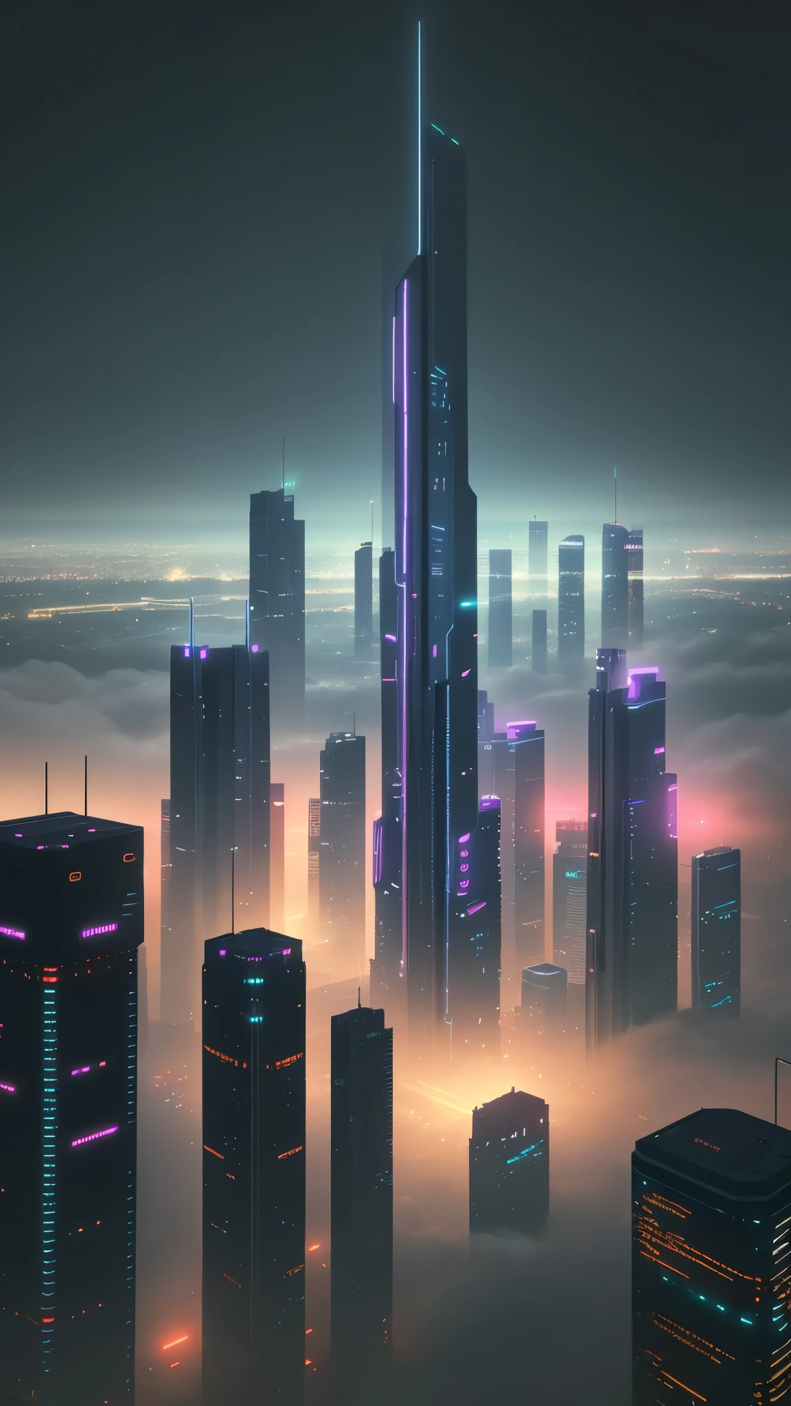 cyberpunk city, lights, fog, night, realistic, 8K