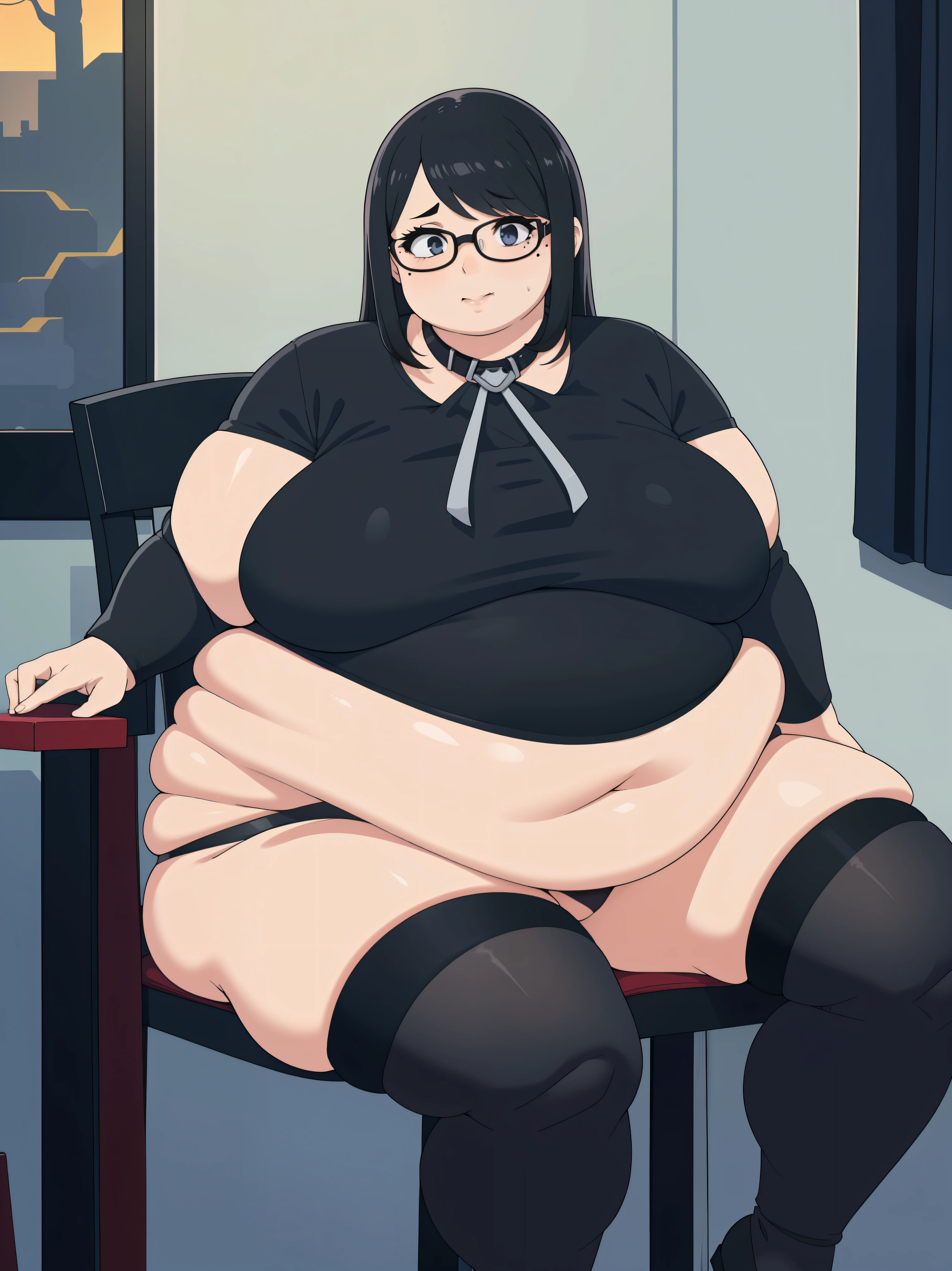 (Facing front:1.0), (Zoomed out:1.0), belly hanging between legs, Black hair, (pale skin:0.6), goth, 1girl, solo, sitting on chair, (legspread:1.0), dark makeup, goth girl, glasses, black lipstick, mole, straight black hair, panties, black panties, collar, tight black thigh highs, (massive sagging breasts:0.8), dominate goth girl, black top Round face, double chin, fat chin, fat cheeks, fat neck, round face, SSBBW, flabby arms, round face, double chin, fat double chin, big double chin, fat neck, chubby cheeks, fat thighs, fat calves, morbidly obese, flabby boobs, giant boobs, large belly, obese, fat face, belly, double chin, obesity, flabby breasts, fat arms and legs, fat everything,
