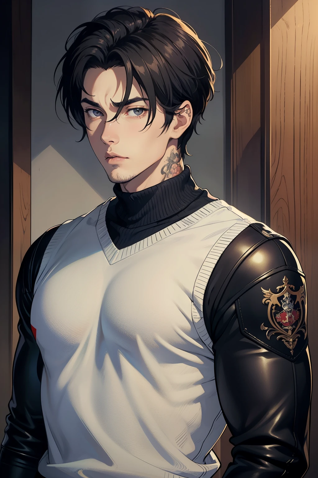 ((best quality)), ((masterpiece)), (detailed), 90s anime style, handsome man, Japanese, sexy clothes, muscular, anime boy, tatto, 1 male, adult, handsome, tall muscular guy, broad shoulders, finely detailed eyes and detailed face, extremely detailed CG unitymasterpiece, leather jumper, black leather