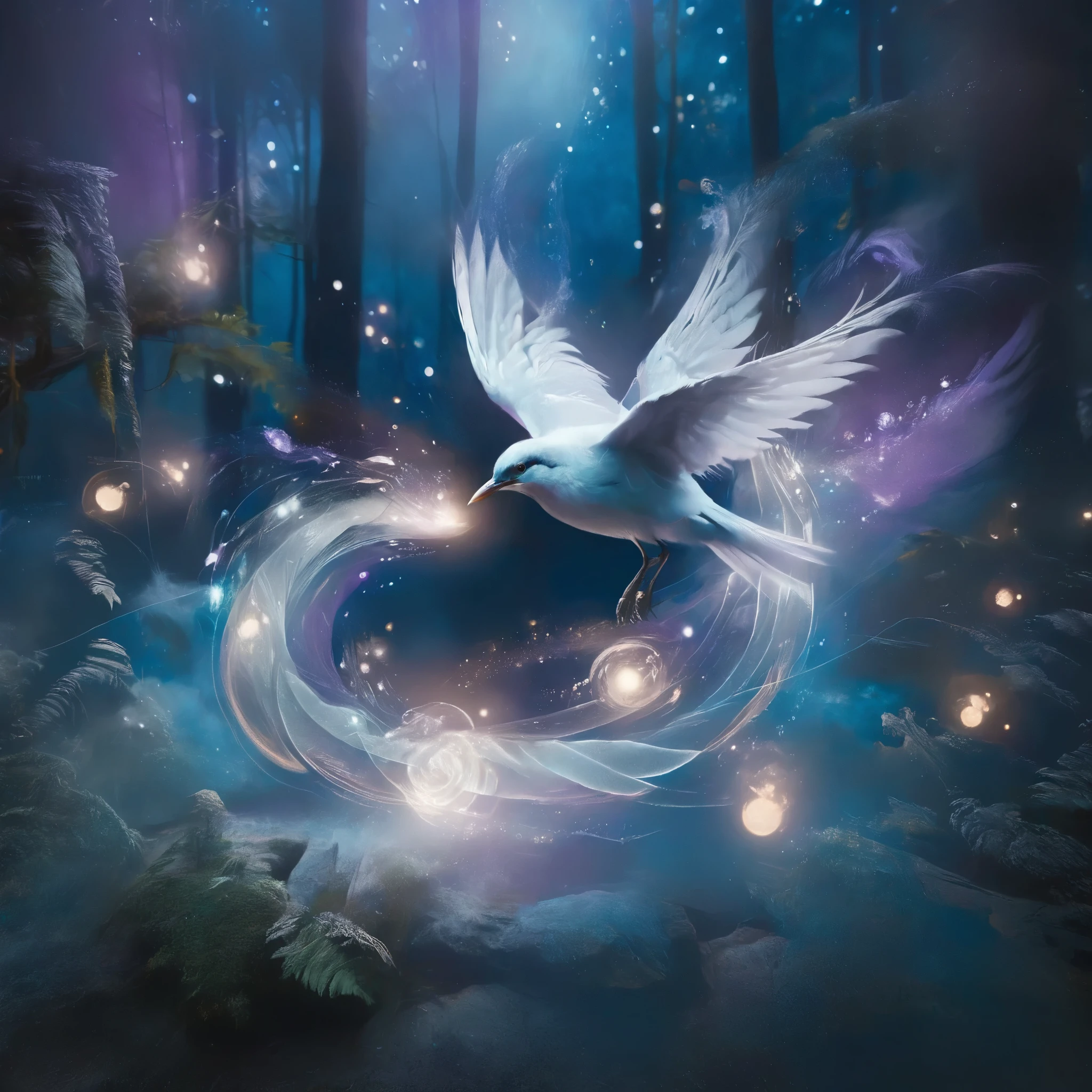 Create an ethereal, glowing bird with luminescent feathers in shades of blue, purple, and white, perched on a delicate, swirling branch. The bird should have an otherworldly glow, with light emanating from its body and wings, giving it a magical, celestial appearance. Surround the bird with a dreamy, cosmic background featuring vibrant colors such as deep blues, purples, and oranges. Incorporate swirling, wispy clouds and light trails that give a sense of motion and fantasy. Add subtle sparkles and glowing orbs to enhance the mystical atmosphere. The overall composition should be whimsical, enchanting, and filled with a sense of wonder and tranquility.