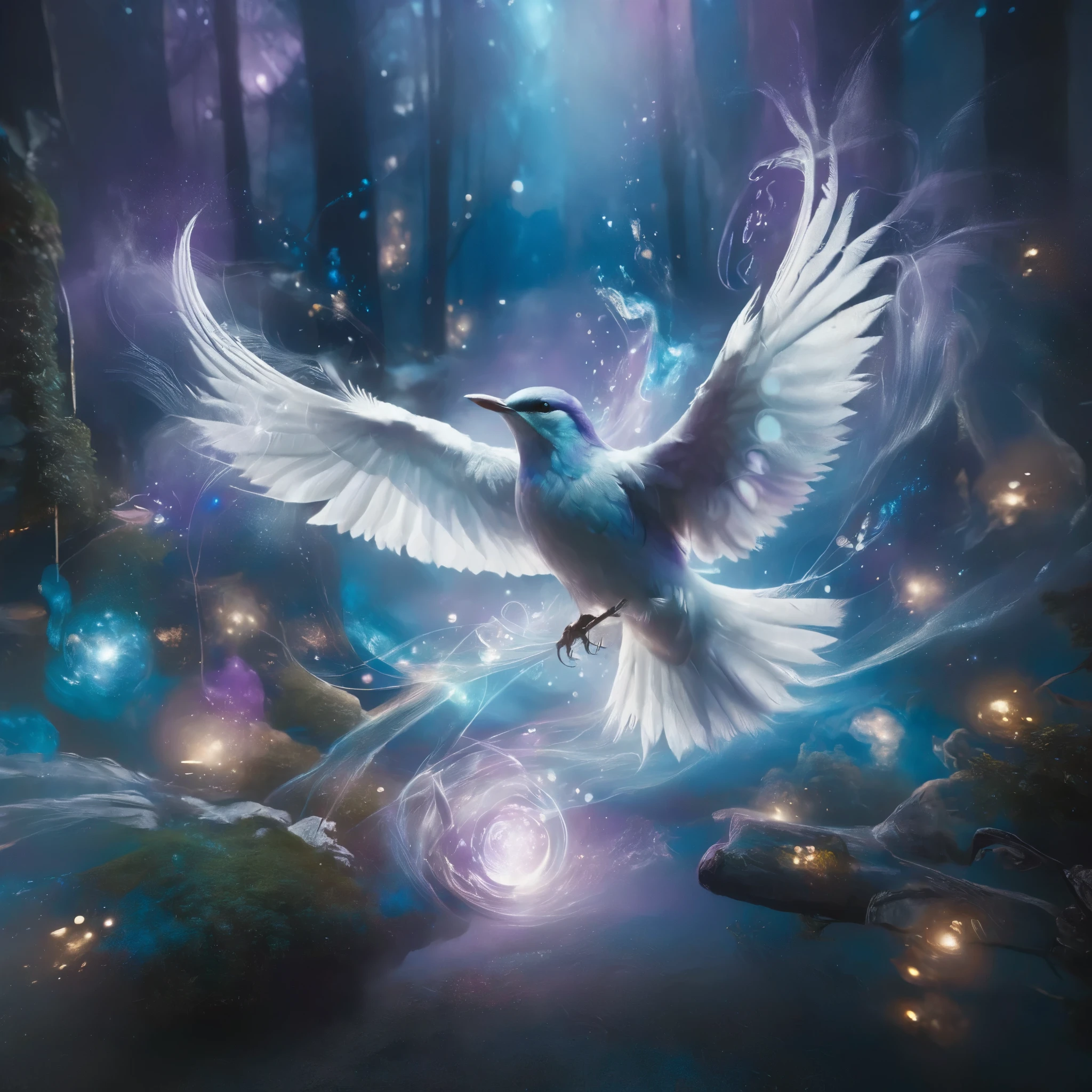 Create an ethereal, glowing bird with luminescent feathers in shades of blue, purple, and white, perched on a delicate, swirling branch. The bird should have an otherworldly glow, with light emanating from its body and wings, giving it a magical, celestial appearance. Surround the bird with a dreamy, cosmic background featuring vibrant colors such as deep blues, purples, and oranges. Incorporate swirling, wispy clouds and light trails that give a sense of motion and fantasy. Add subtle sparkles and glowing orbs to enhance the mystical atmosphere. The overall composition should be whimsical, enchanting, and filled with a sense of wonder and tranquility.