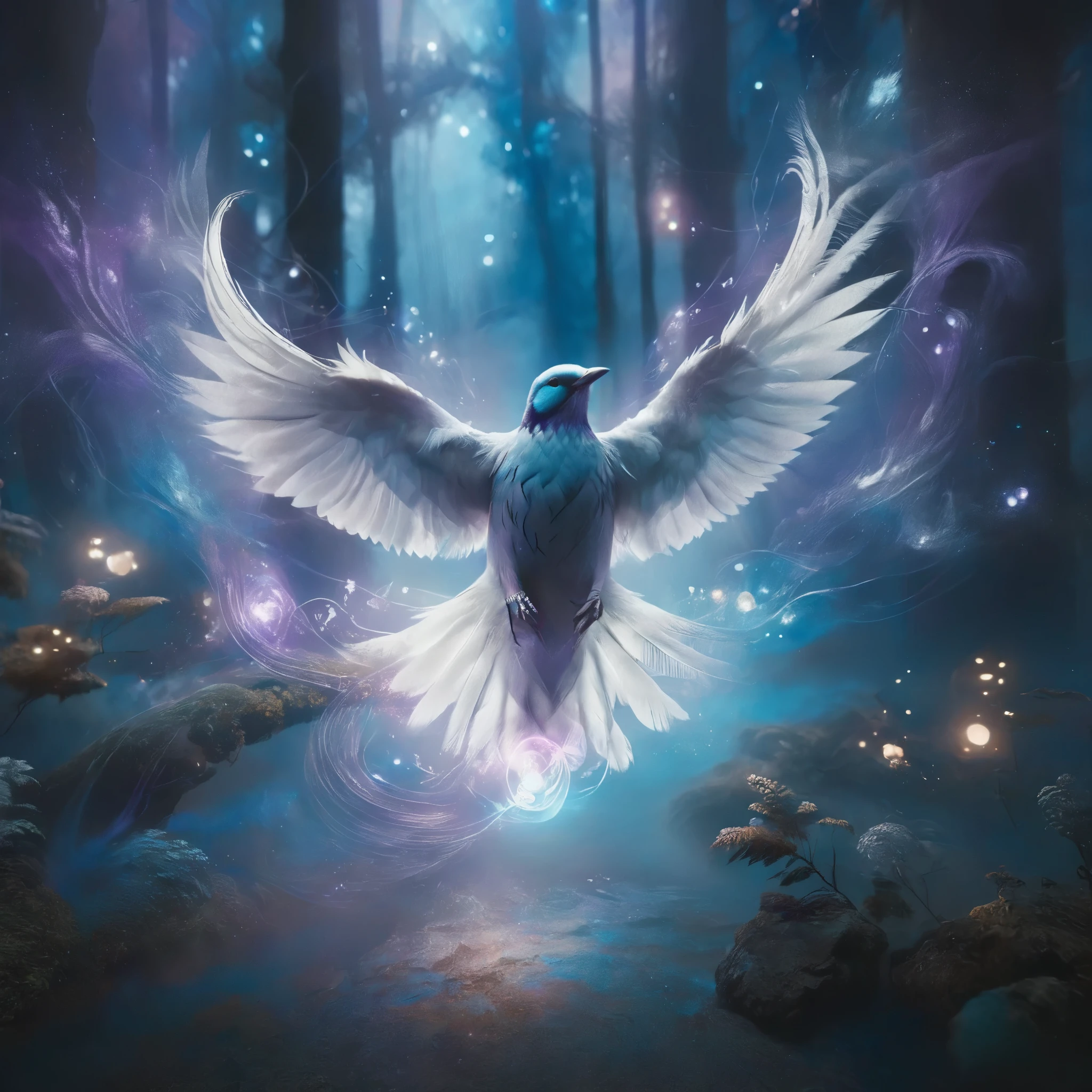 Create an ethereal, glowing bird with luminescent feathers in shades of blue, purple, and white, perched on a delicate, swirling branch. The bird should have an otherworldly glow, with light emanating from its body and wings, giving it a magical, celestial appearance. Surround the bird with a dreamy, cosmic background featuring vibrant colors such as deep blues, purples, and oranges. Incorporate swirling, wispy clouds and light trails that give a sense of motion and fantasy. Add subtle sparkles and glowing orbs to enhance the mystical atmosphere. The overall composition should be whimsical, enchanting, and filled with a sense of wonder and tranquility.