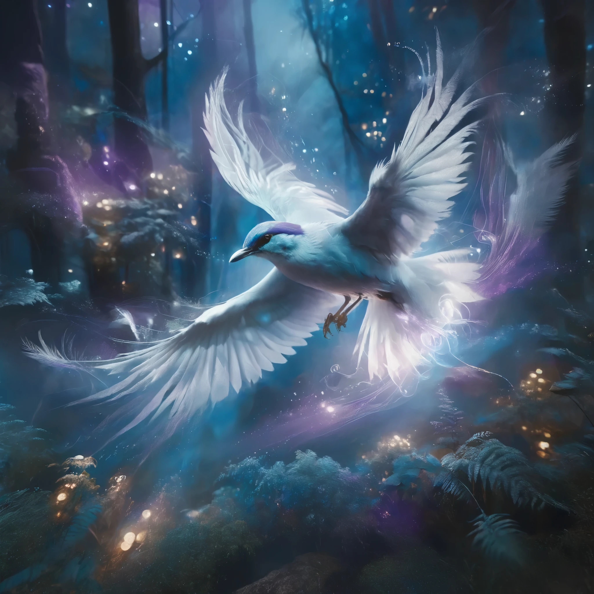 Create an ethereal, glowing bird with luminescent feathers in shades of blue, purple, and white, perched on a delicate, swirling branch. The bird should have an otherworldly glow, with light emanating from its body and wings, giving it a magical, celestial appearance. Surround the bird with a dreamy, cosmic background featuring vibrant colors such as deep blues, purples, and oranges. Incorporate swirling, wispy clouds and light trails that give a sense of motion and fantasy. Add subtle sparkles and glowing orbs to enhance the mystical atmosphere. The overall composition should be whimsical, enchanting, and filled with a sense of wonder and tranquility.