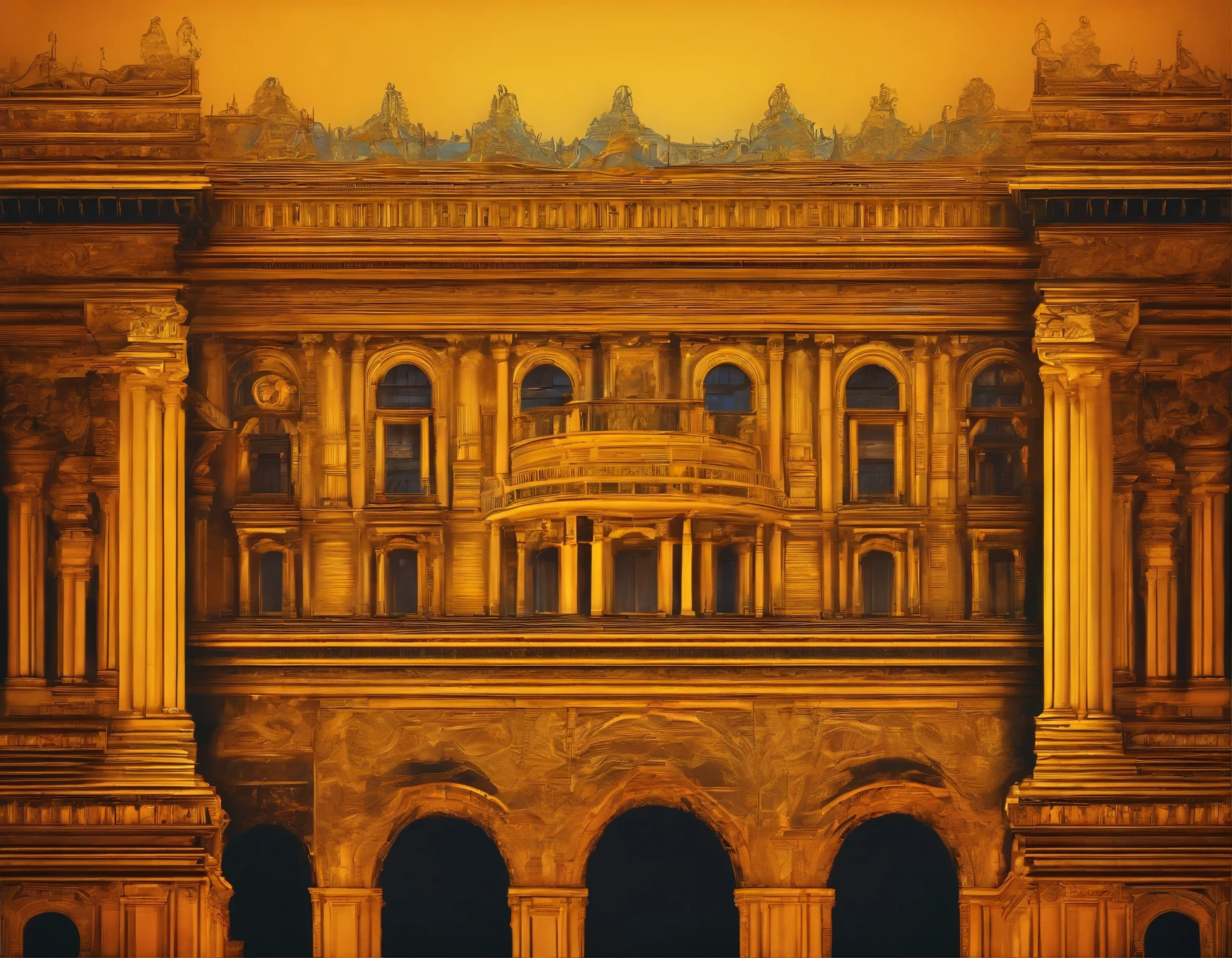 Faced of a big Palace in Neon Classical style, with [yellow] and [orange] neon outlines on classical forms