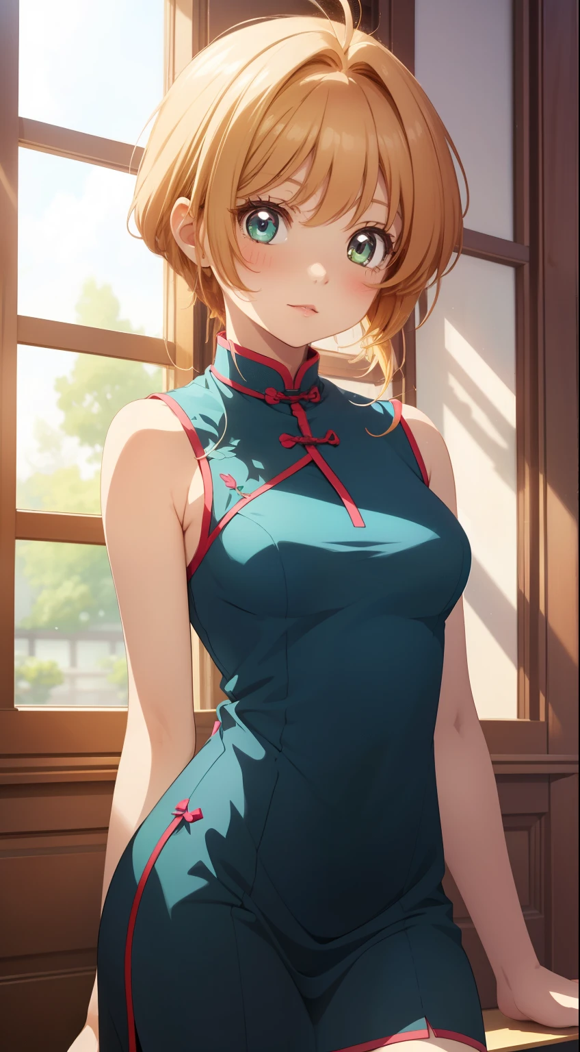 masterpiece, best quality, highres, perfect pixel, depth of field, 1girl, single, solo, beautiful anime girl, beautiful artstyle, (detailed face), (blush), anime CG style, (medium breasts), good lighting, perfect body, lips parted, (sakura kinomoto), glossy lips, (sleeveless cheongsam),