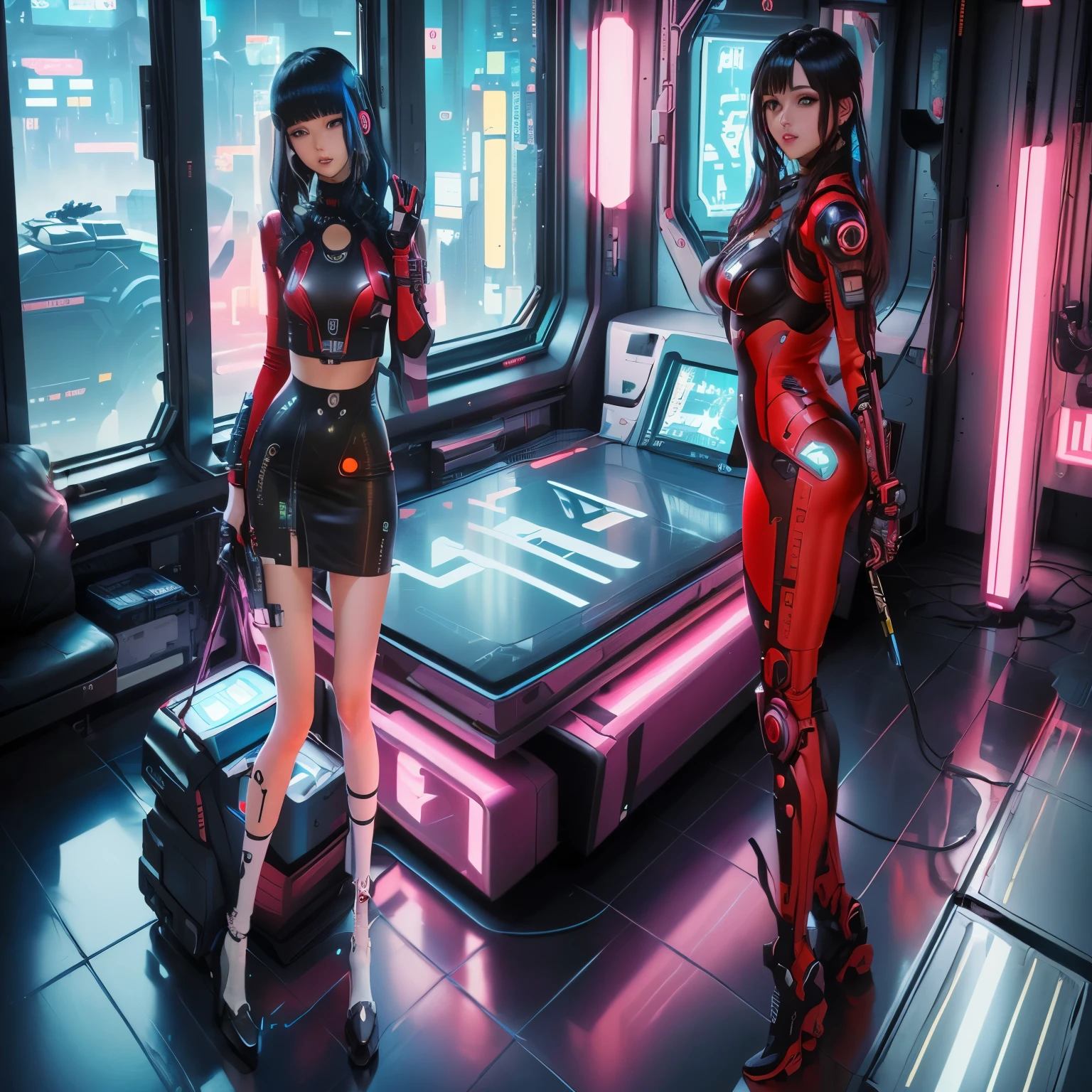 anime characters in a futuristic room with a futuristic bed, cyber universe style, ambiente ciber punk, traje ciberpunks, cyber suits, cyber style, diverse cyber suits, cyberpunk 2 0 years. o model girl, futuristic cyberpunk scenario, cyber suit, Armario futurista biopunk, Posando en Neo - Tokyo Futurista, High-tech red armor, ropa y casco futuristas, traje ciberpunk