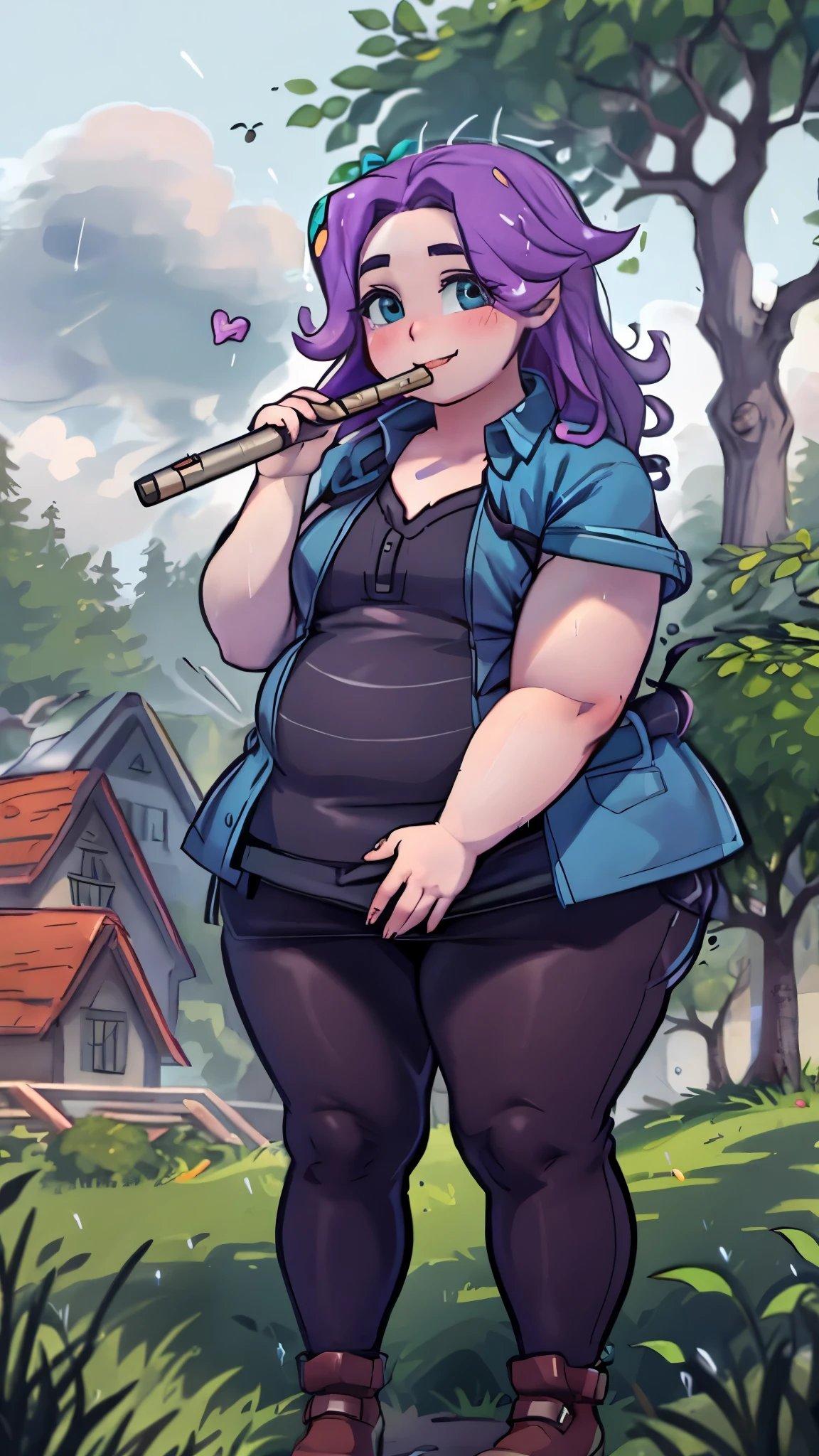 Abigail from stardew valley, forest, heavy raining, under a tree, playing a flute, happy, looking at viewer, solo, anime eyes, chubby 