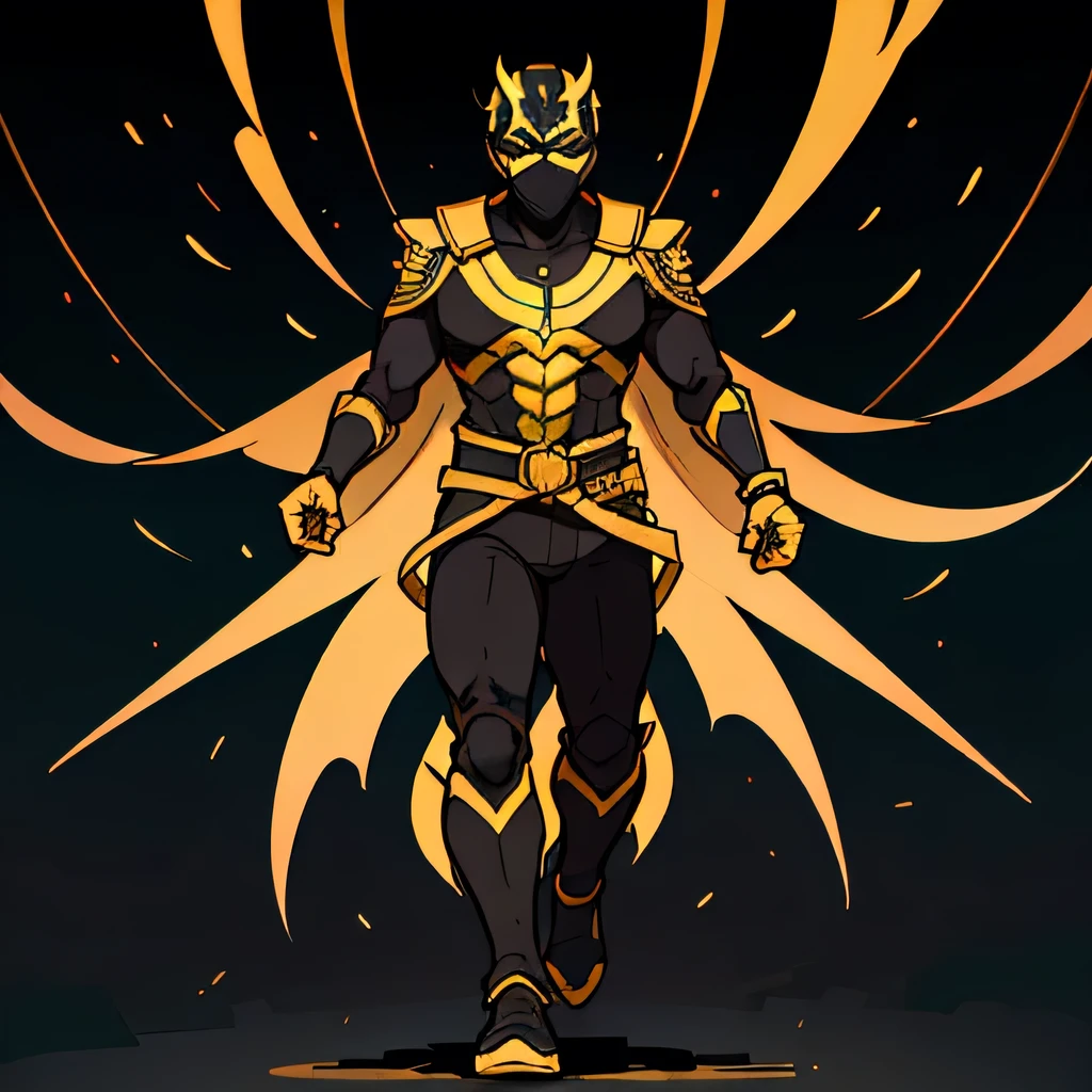Full body image of a superhero known as "Narrador". His uniform is black and gold and he has the power to change reality through stories.. He has a black mask that hides his entire face.