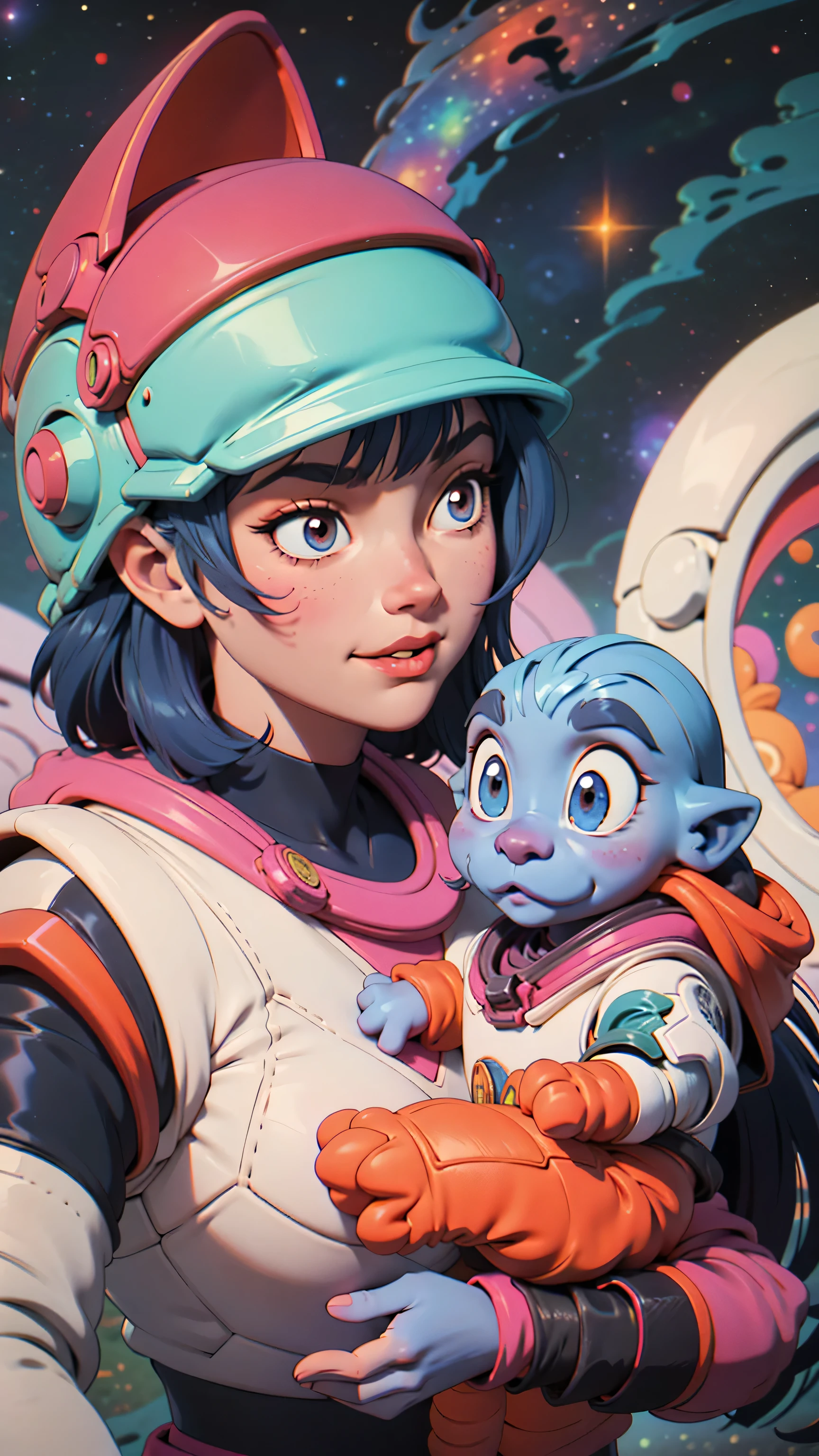 Cartoon-style image of a  astronaut of Asian descent, wearing a large, futuristic helmet, playing with an alien pet in a colorful space setting full of stars, planets and nebulae in the background. The  should be smiling and the alien should look friendly and fun with vibrant colors. The setting should convey a sense of adventure and discovery.