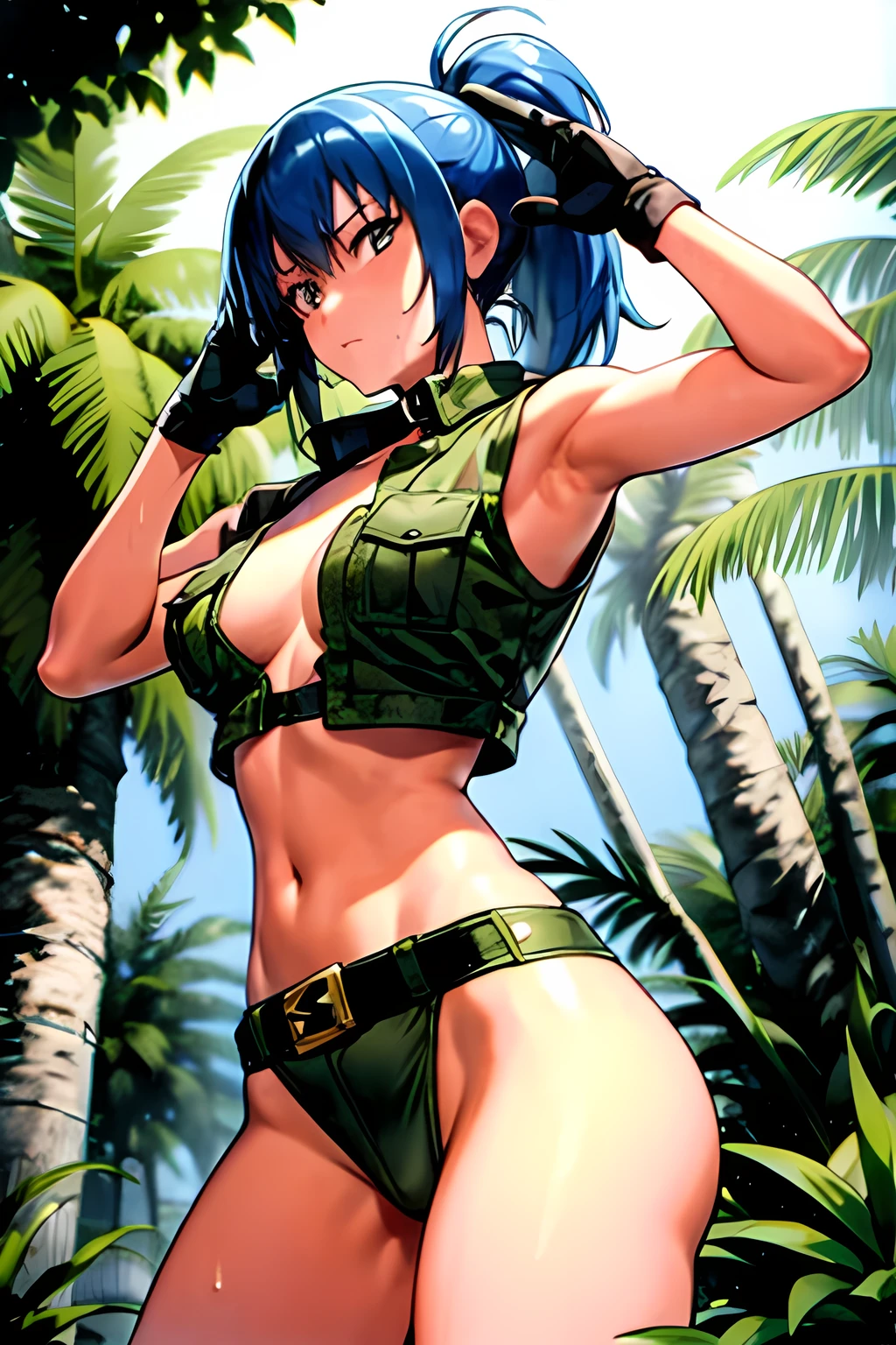 masterpiece, best quality, anime 1990s \(style\, leona heidern, sexy, naked, thong ,open vest., jungle, tactical, pony tail, serious, cammo, army, soldier, blue hair, warfare, war, wet, gloves, sexy pose, jungle girl, perfect hands, five fingers, long hair, tropical, belt, collar