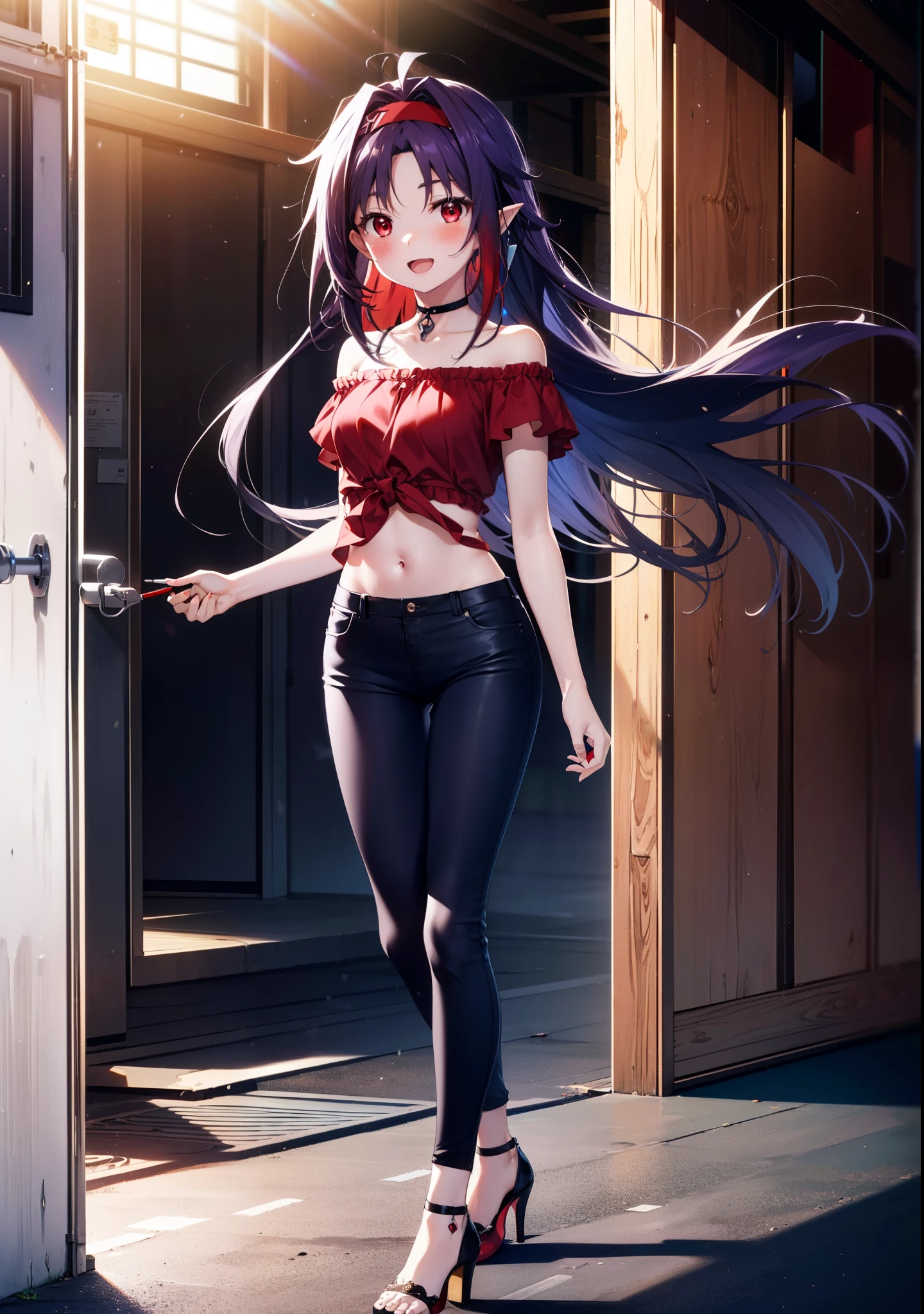 yuukikonno, Konno Yuuki, hair band, Long Hair, Pointed Ears, Purple Hair, (Red eyes:1.5), (Small breasts:1.2), Open your mouth,
blush,happy smile, smile, Open your mouth,Cold shoulder top,Short sleeve,skinny pants,Stiletto heels,morning,morning陽,The sun is rising,whole bodyがイラストに入るように,Walking,
break looking at viewer, whole body,
break outdoors, Building district,
break (masterpiece:1.2), highest quality, High resolution, unity 8k wallpaper, (figure:0.8), (Beautiful fine details:1.6), Highly detailed face, Perfect lighting, Highly detailed CG, (Perfect hands, Perfect Anatomy),