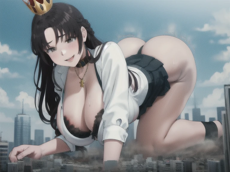 Perfect detail, Special details, highest quality,Full body image,expensive, woman,A satisfied smile ,high school girl、Graceful and elegant appearance,,Her eyes radiated confidence and strength.,Peaceful and calm look,An aura of elegance and beauty,、round face、View Viewer, Black Hair, Braid,Big belly , , Side bang, Partially exposed forehead, Dark brown eyes, Mature Body, Perfect body, Tolerant、Large Breasts,Big ass and plump body.Sweaty body,Breast milk overflowing from the nipples,Pussy,share、body fluid、ビルがbody fluidで溶かされる、Open your mouth、 blush, Cleavage White Shirt, , Black Skirt.,Gold Jewelry,Gold Bracelet,Gold Collar、 A gorgeous and large crown,, necklace, Pursing your lips、 A light smile, Drunk, expensiveディテール, Depth of written boundary, 1080p, 16k, Awards, High resolution, highest quality, masterpiece, 超High resolution, Anatomically correct, Full body image、Super detailed,,Huge breasts、Realistic、Perfect bodyライン、aerial photograph、aerial photograph、Destroying the city with a smile、On all fours (A giant girl bigger than a skyscraper destroys the city of Shibuya:1.5)、cute、body fluid,ビルがbody fluidで溶かされる、Eroticism,share　school uniform　Big breasts overflowing from the bra　White shirt ripped　自慰中 大都市を占領する On all fours Full body image
