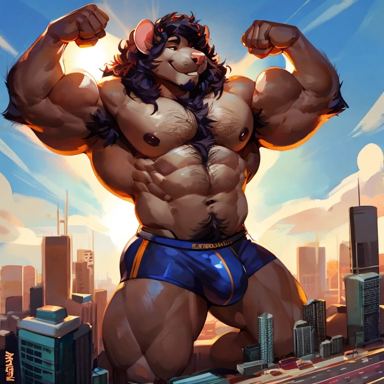 Medium muscular, rat, By mystikfox61, hyper muscles, curly hair,, young, hairy chest, sun hitting face, flexing, hairy armpits, macro , shrunken city, bulge 