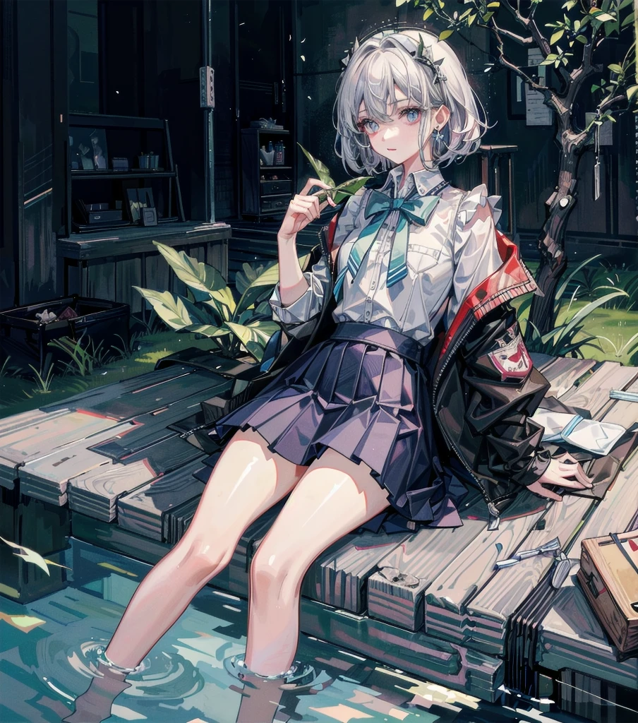 absurdres, RAW photo, extremely delicate and beautiful, masterpiece, Best Quality, ultra high resolution, 32k, hyperrealistic, ultra-detailed description, perfect anatomy, pale skin, 20 years old, detailed beautiful face and eyes, tearful mole, earring, short medium hair, wavy hair, whole body, Korean school_uniform, shirt, skirt, school poolside,