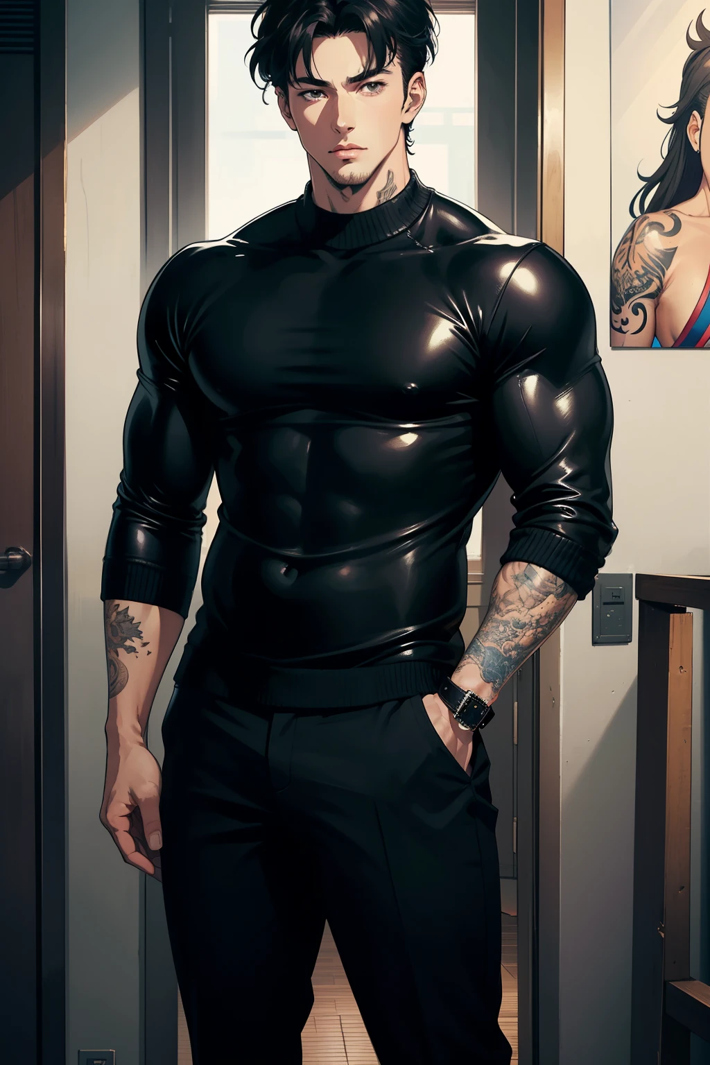 ((best quality)), ((masterpiece)), (detailed), 90s anime style, handsome man, Japanese, sexy clothes, muscular, anime boy, tatto, 1 male, adult, handsome, tall muscular guy, broad shoulders, finely detailed eyes and detailed face, extremely detailed CG unitymasterpiece, leather jumper, black leather, looking at viewer, standing, straight-on