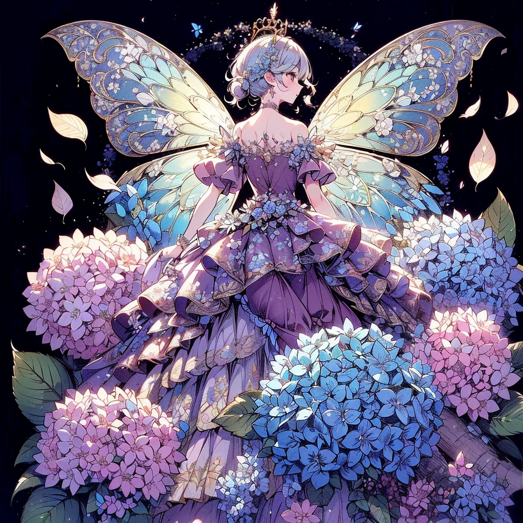 (An exquisite and beautiful highly detailed masterpiece, High quality and high resolution),(A two-dimensional illustration inspired by pixiv, featuring a neat, clear, and well-proportioned face drawn with thin lines, that went viral on Twitter,Cute and delicate beautiful girl illustration in pastel colors) ,A fairy in the shape of a hydrangea stands happily in a fantastical flower garden where hydrangeas are in full bloom under the starry sky.,whole body,Beautiful hydrangea with fluttering petals,(Transparent fairy wings grow from your back), (Beautiful small tiara, earrings and choker),Hydrangea-inspired ball gown dress, Lace and frills inspired by hydrangeas, (Her cheeks are a pale pink, Plump pink lips, And a large bust, She became a fair-skinned girl with a good figure..),Colored pencil art,Vibrant and eye-catching colors,Dynamic Angle