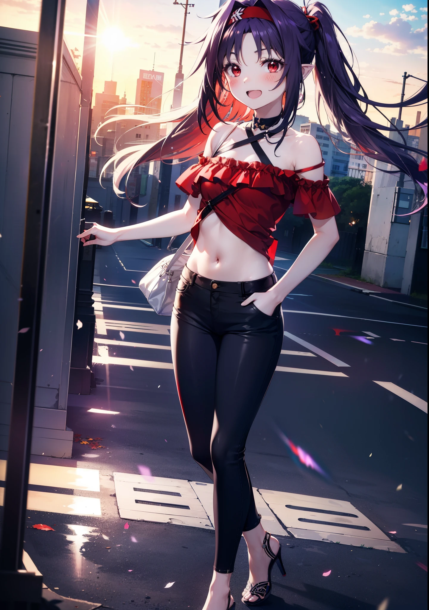 yuukikonno, Konno Yuuki, hair band, Long Hair, Pointed Ears, Purple Hair, (Red eyes:1.5), (Small breasts:1.2), Open your mouth,
blush,happy smile, smile, Open your mouth,Cold shoulder top,Short sleeve,skinny pants,Stiletto heels,morning,morning陽,The sun is rising,whole bodyがイラストに入るように,Walking,
break looking at viewer, whole body,
break outdoors, Building district,
break (masterpiece:1.2), highest quality, High resolution, unity 8k wallpaper, (figure:0.8), (Beautiful fine details:1.6), Highly detailed face, Perfect lighting, Highly detailed CG, (Perfect hands, Perfect Anatomy),