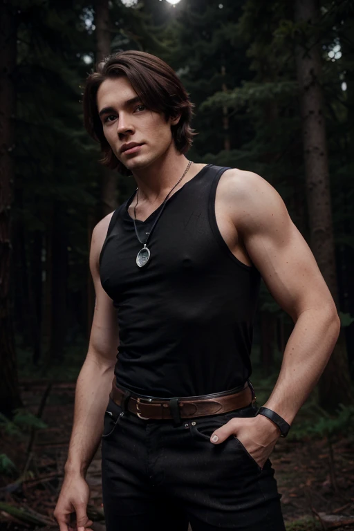 Georgie Cooper, Jerry O'Connell, Teen Wolf, 28 years old, short messy brown hair, slim muscular build, brown eyes, black sleeveless shirt with black collar, leather belt, dark black jeans, silver moon pendant, jeans black, black misty forest background.