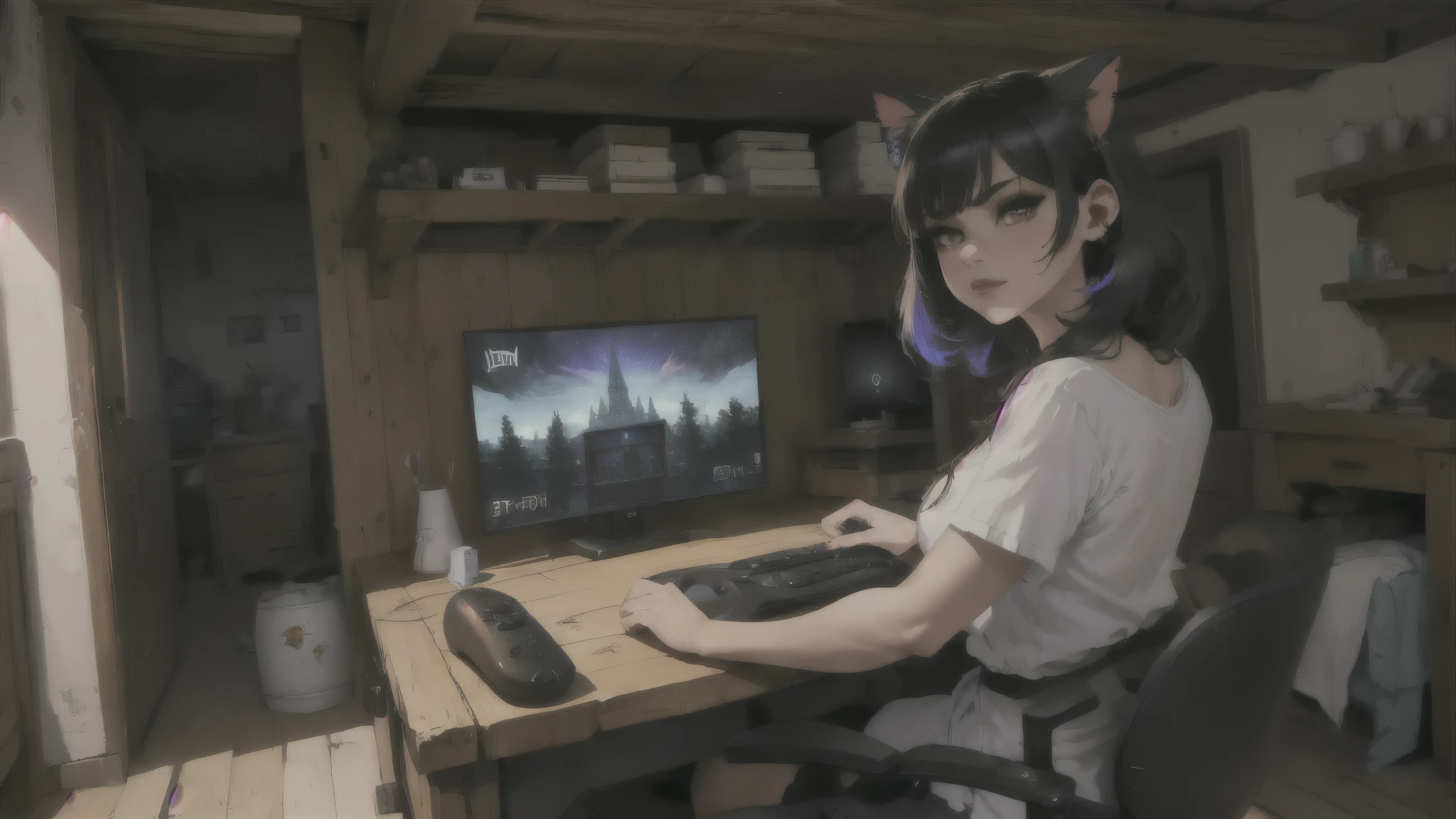 (junkotvv, pelo negro, flequillo, ((orejas de gato)), ojos rojos), in the foreground a villager is using a gaming computadora inside a peasant house,campesinos vistiendo ropa renacentista,Estilo Dur3r,(gaming computadora monitor, teclado (computadora), cables, juegos rgb),caballos,castillo en la distancia,(orejas de gato)